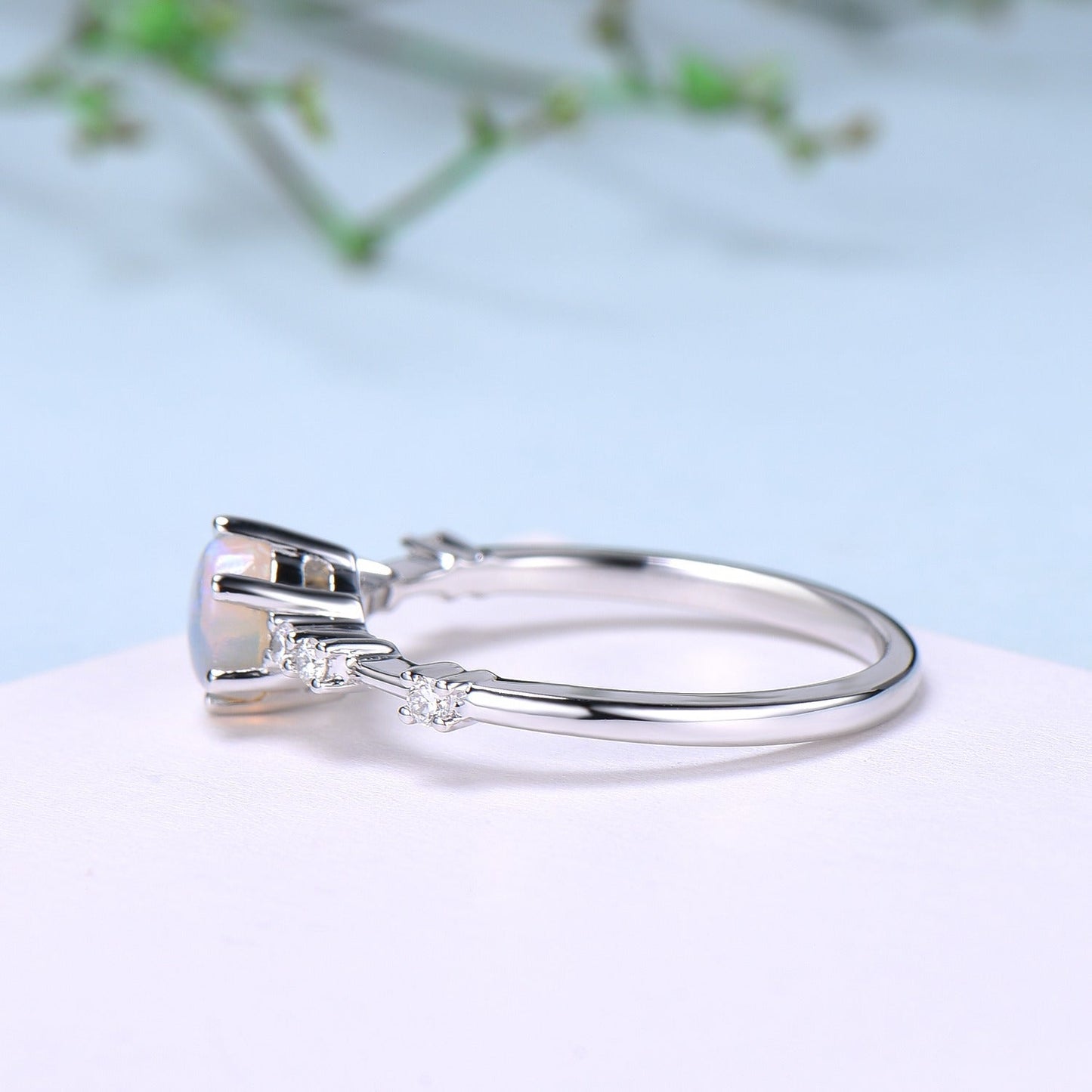 Dainty Natural Fire Opal Ring Natural Inspired White Opal Diamond Engagement Ring White Gold Minimalist Bridal Anniversary Ring for Women