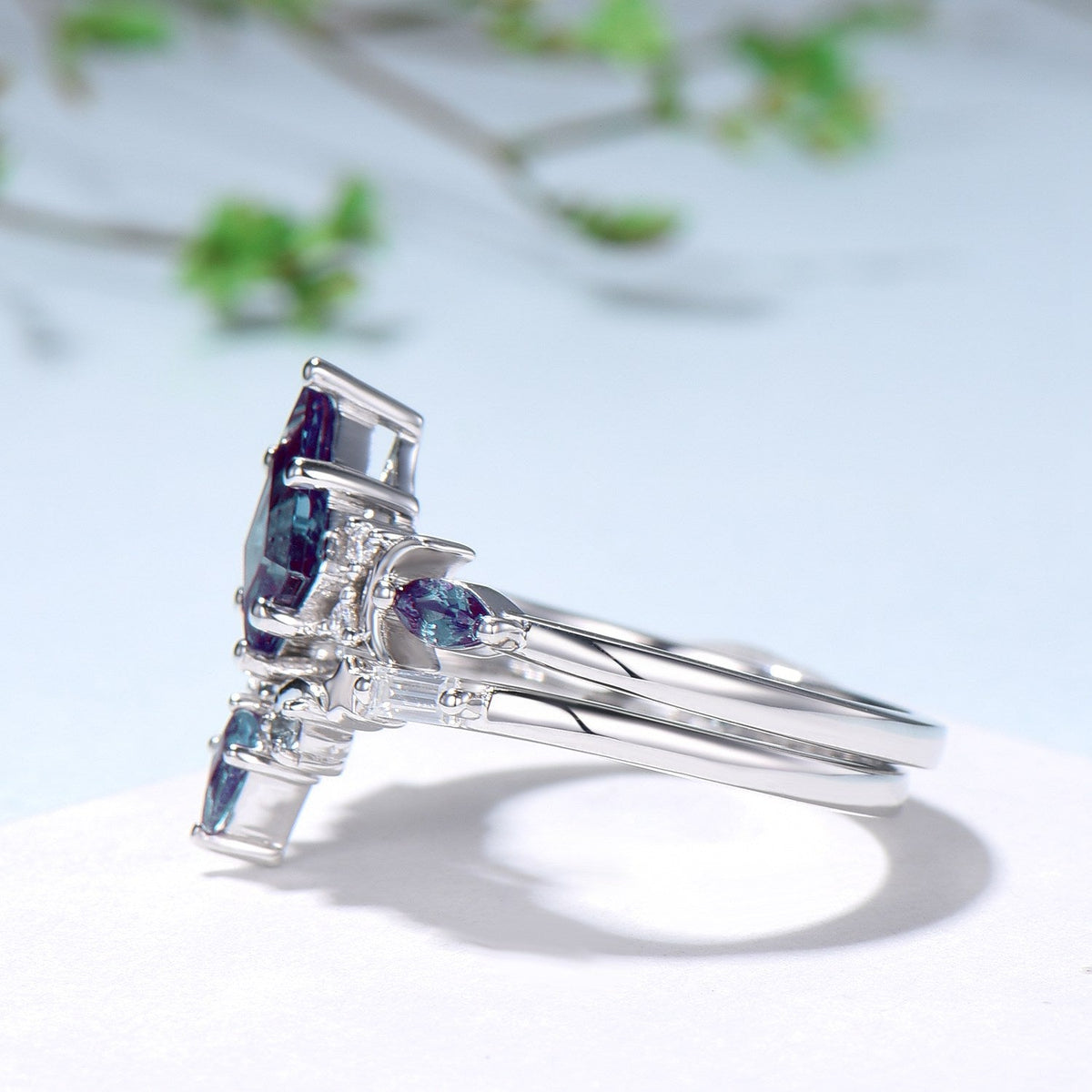 Kite Cut Alexandrite Engagement Ring Set Crescent Moon Star White Gold Art Deco Marquise Bridal Set