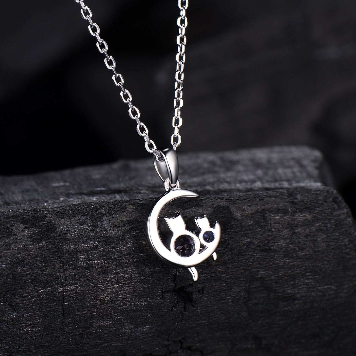 Dainty cat alexandrite moonstone necklace cute silver white gold moon family pendant personalized Two cats lying on the moon rocking chair