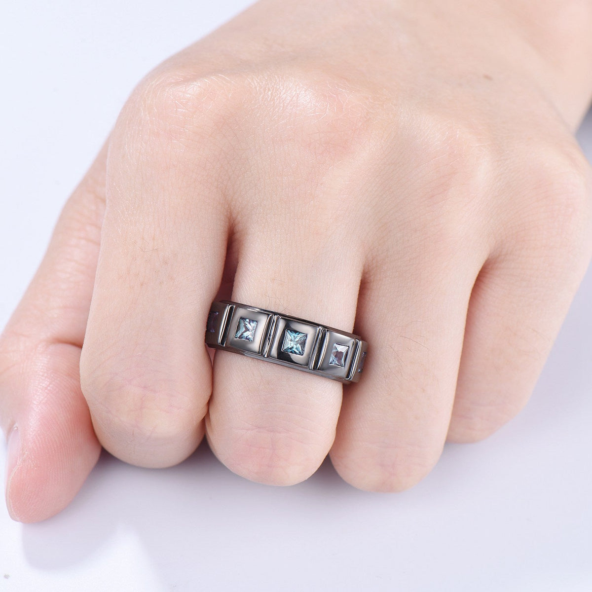 Black Gold Brushed Finish Mens Wedding Band Unisex Frame Princess Cut Alexandrite Men's Wedding Ring Anniversary Stacking Matching Band Gift
