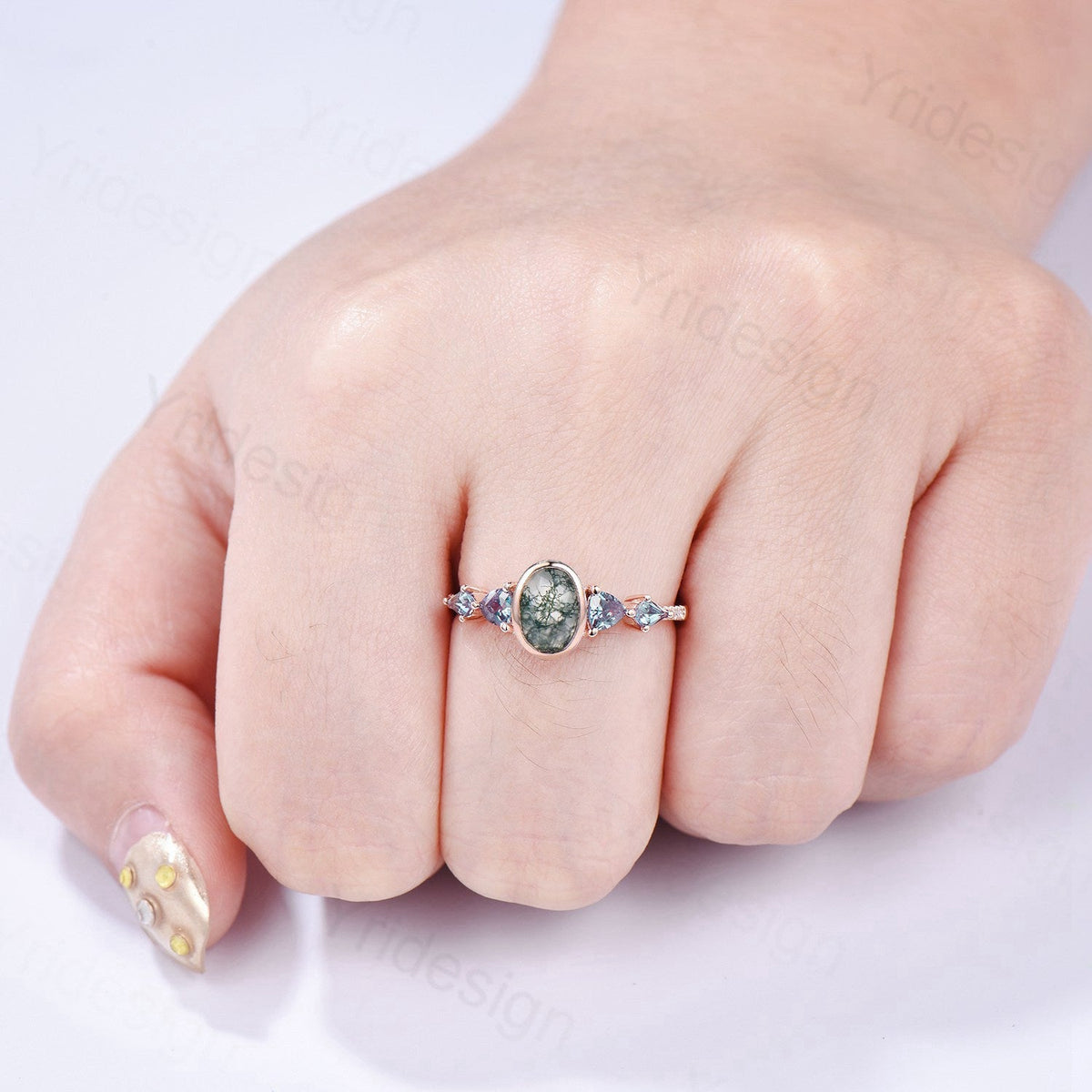 Vintage Bezel Set Oval Moss Agate Engagement Ring | Five Stone Alexandrite Accents