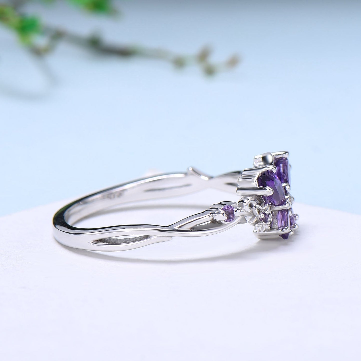 Vintage Butterfly Amethyst Engagement Ring Unique marquise cut purple amethyst silver white gold flower promise ring anniversary gift women