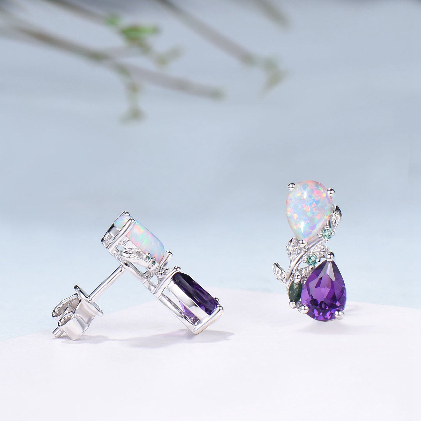 Nature Inspired Opal Amethyst Pendant Necklace Women Unique Alternative Stud Earrings Branch Snake pear shaped leaf wedding set promise gift