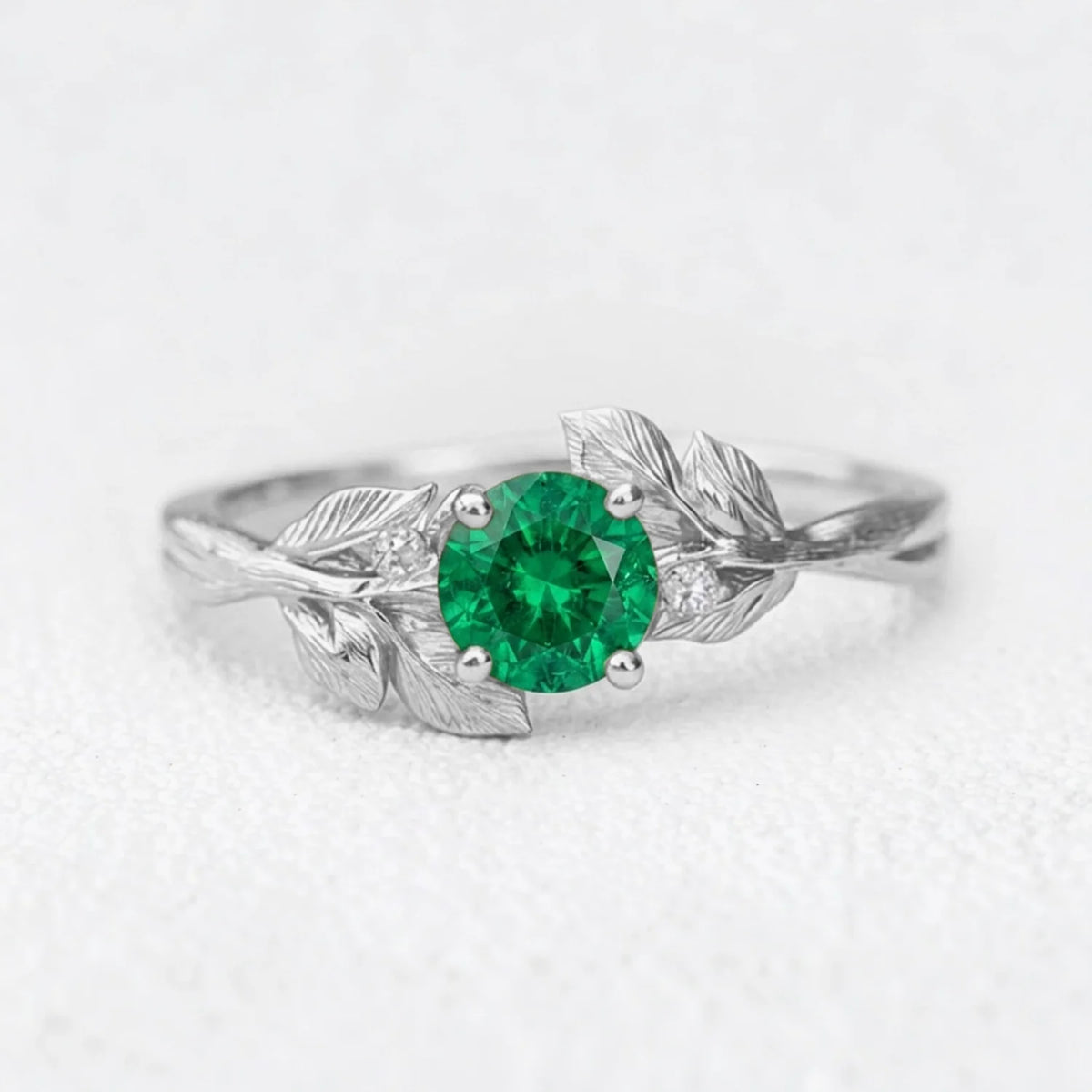 Diana’s Verdant | Round Cut Emerald Foliage Engagement Ring