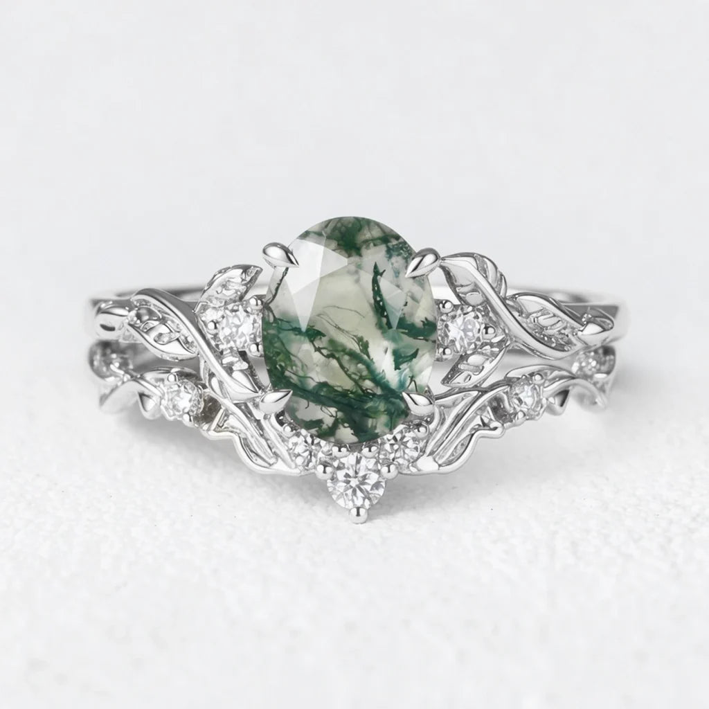 Rosalind’s Arbor | Oval Cut Moss Agate Leaf Branch Bridal Set 2pcs