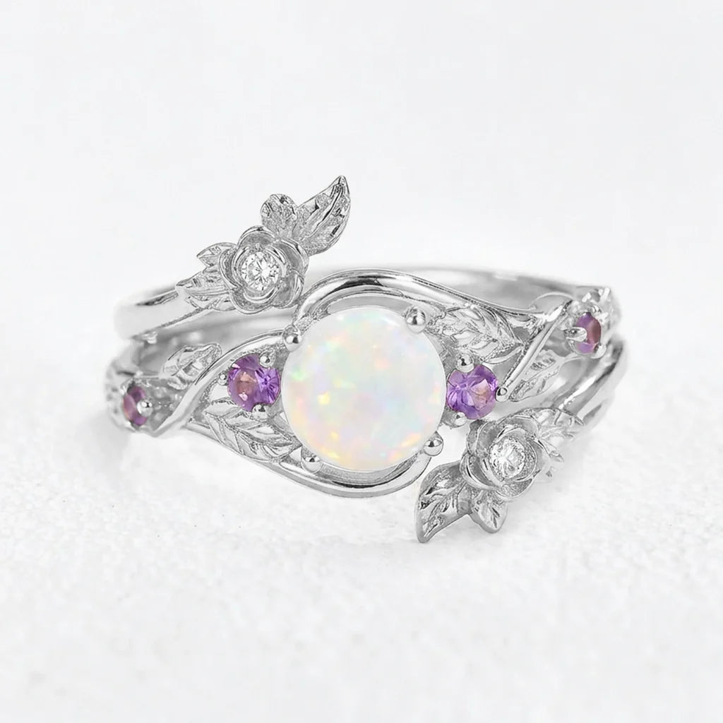Rose’s Blossom | Round Opal & Amethyst Bridal Ring Set 2pcs