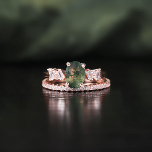 Unique Oval Moss Agate Engagement Ring Set 2pcs