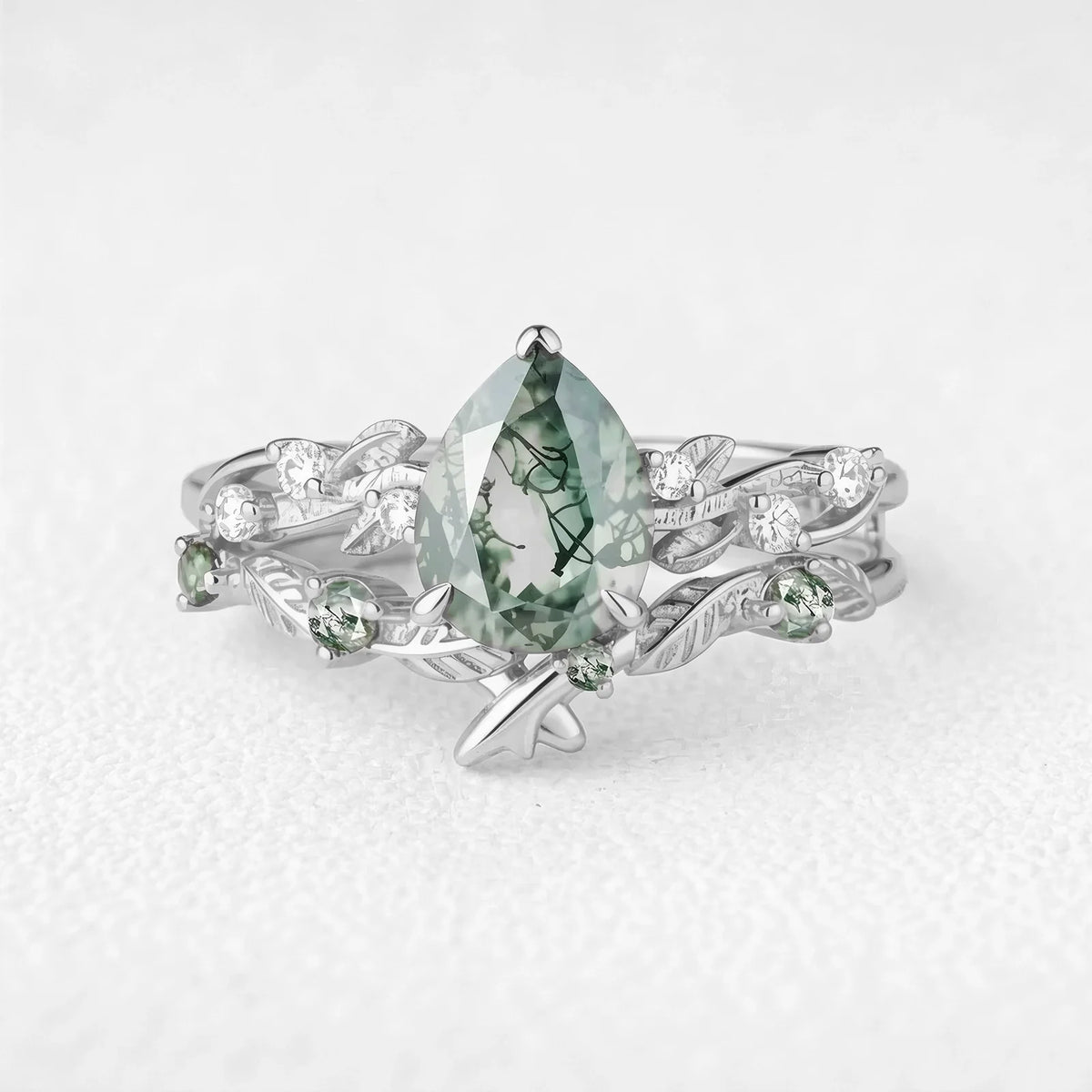 Clarissa’s Frond | Pear Cut Moss Agate Leafy Bridal Set 2pcs