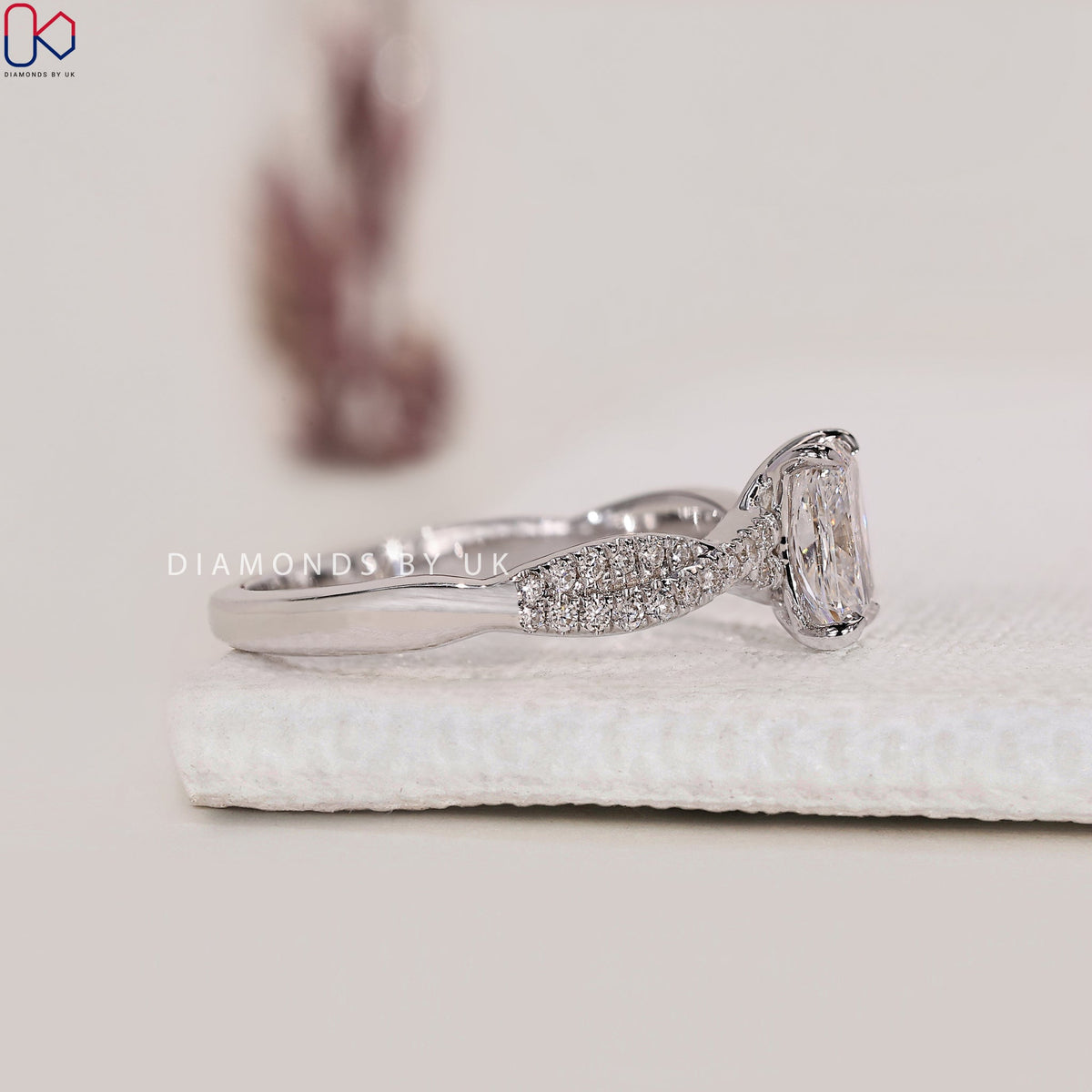 Cushion Cut Diamond Ring with Twisted Pave Style