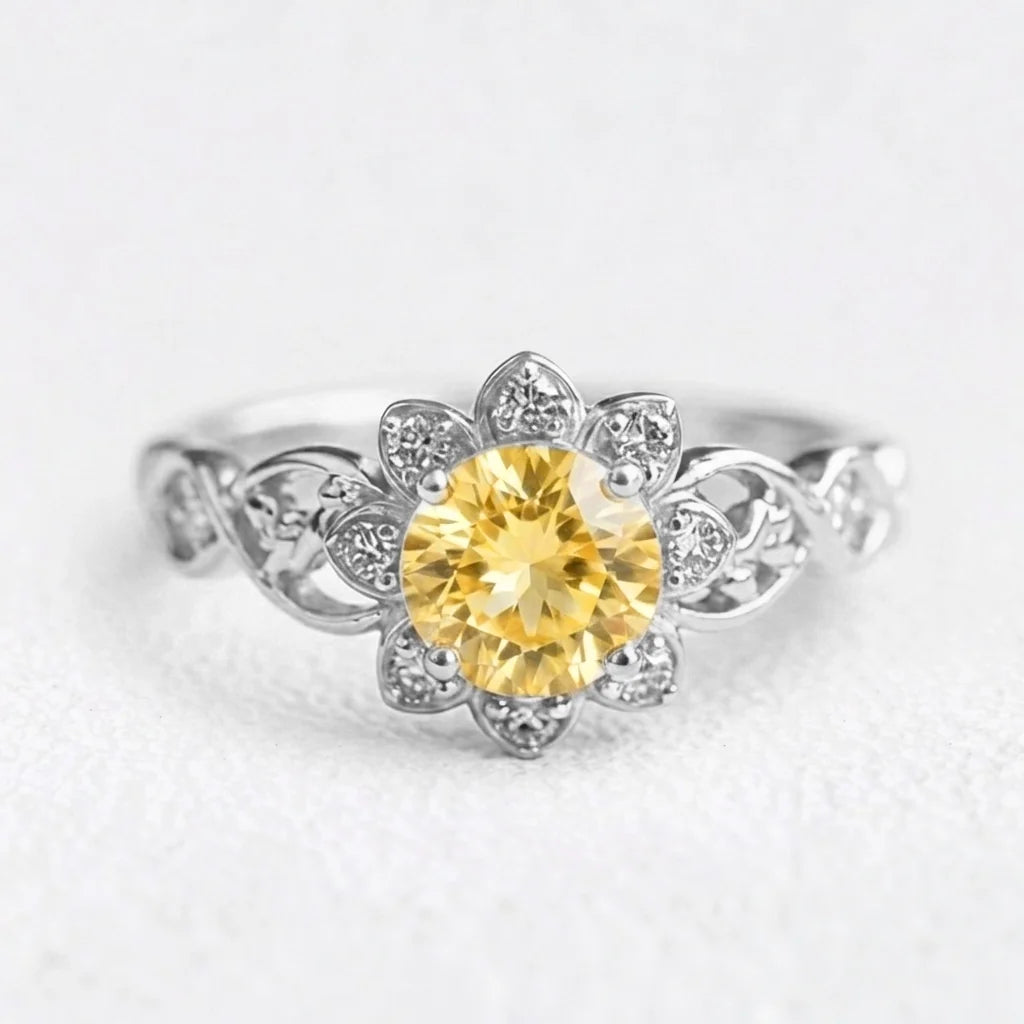 Solara's Petal | Citrine Floral Diamond Halo Engagement Ring