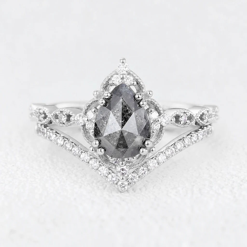 Isadora’s Reverie | Pear Cut Salt & Pepper Diamond Vintage Bridal Set 2pcs