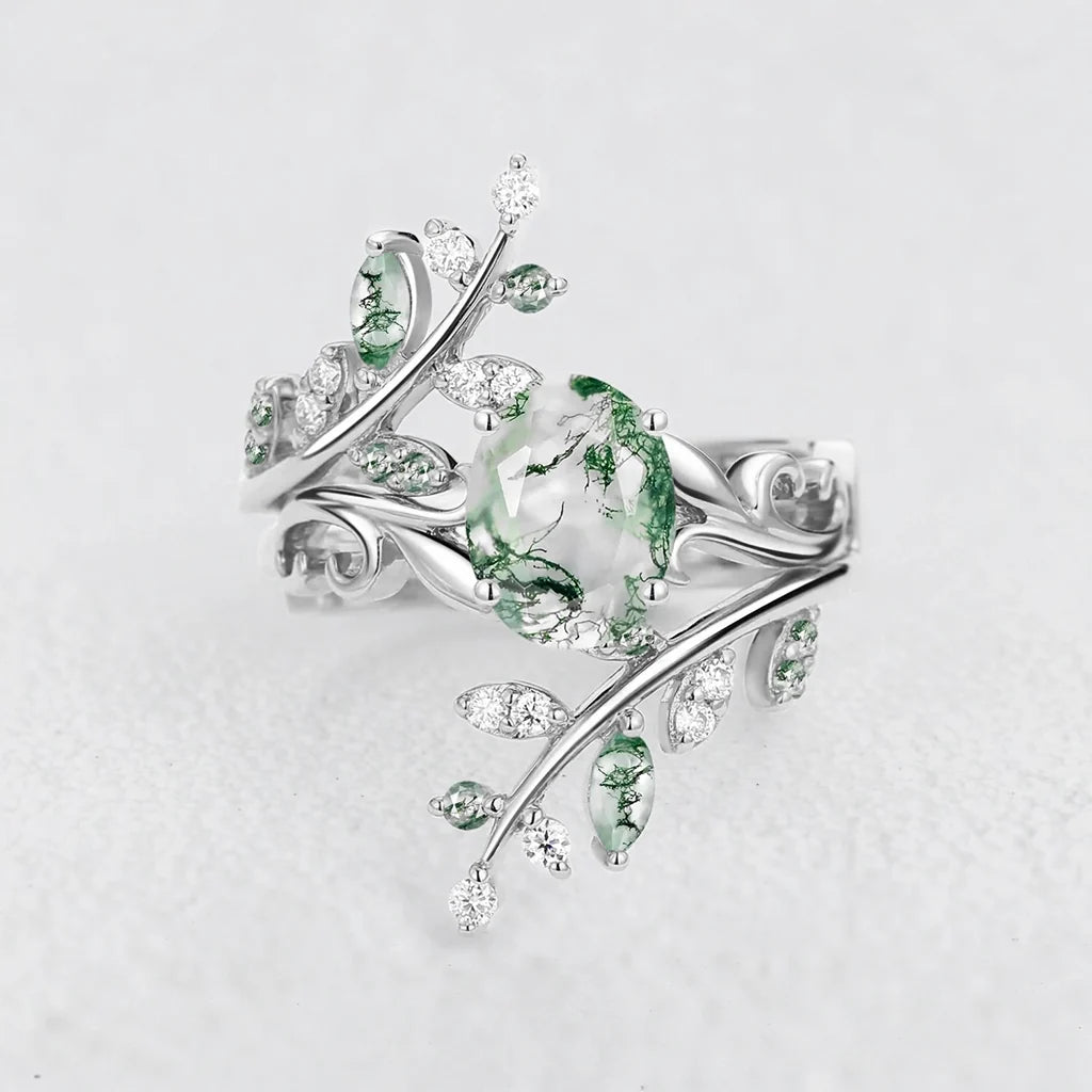 Daphne’s Canopy | Oval Cut Green Moss Agate Cluster Couple Ring Set