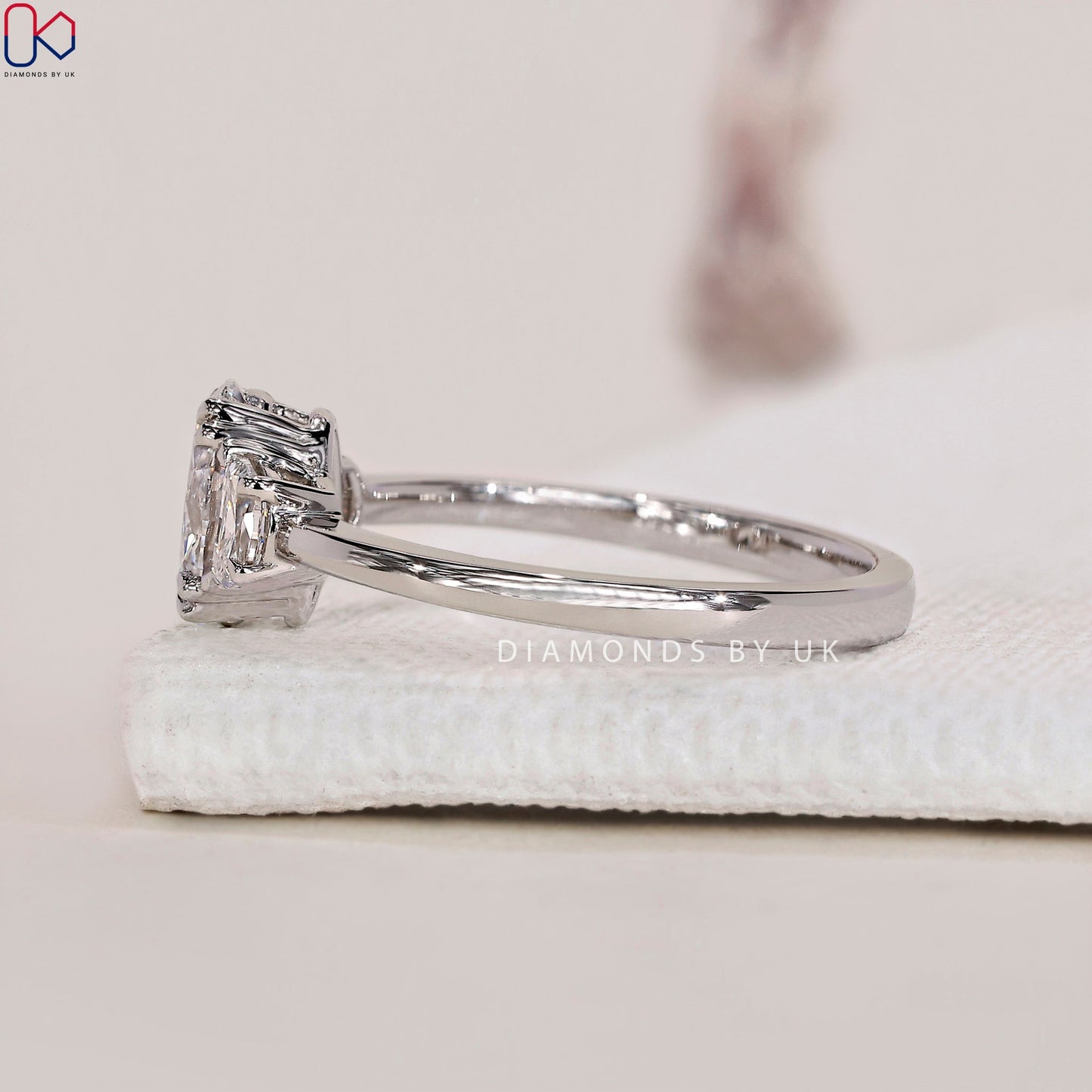 Oval and Half Moon 3 Stone Engagement Ring