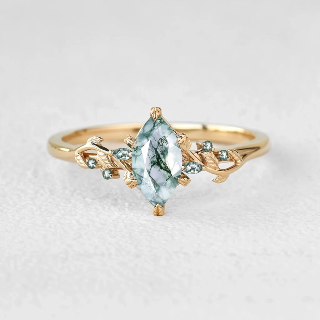 Celandine’s Twine | Marquise Moss Agate Leafy Twist Engagement Ring