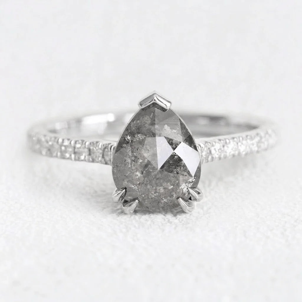 Astrid’s Stardust | 2CT Pear Cut Salt & Pepper Diamond Pavé Engagement Ring