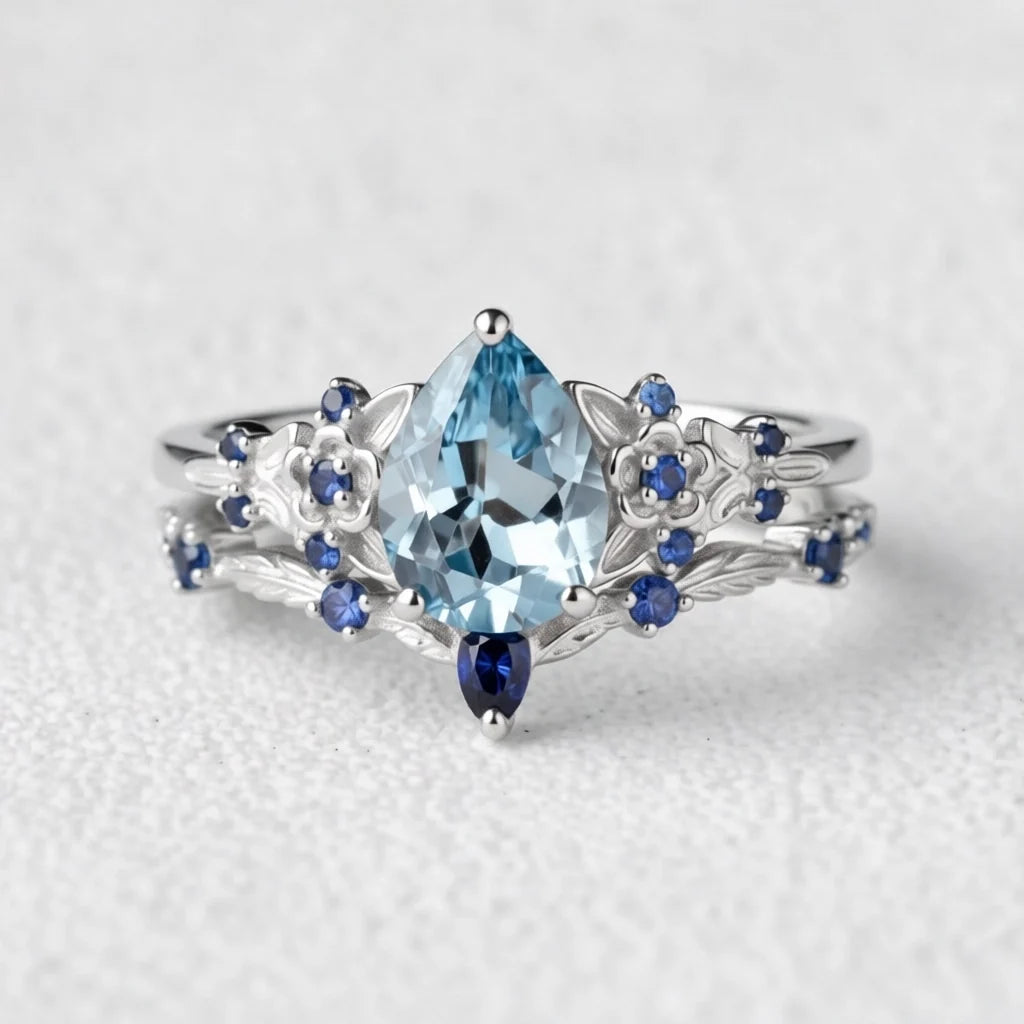 Isolde’s Tide | Vintage Pear Aquamarine & Sapphire Floral Bridal Set 2pcs
