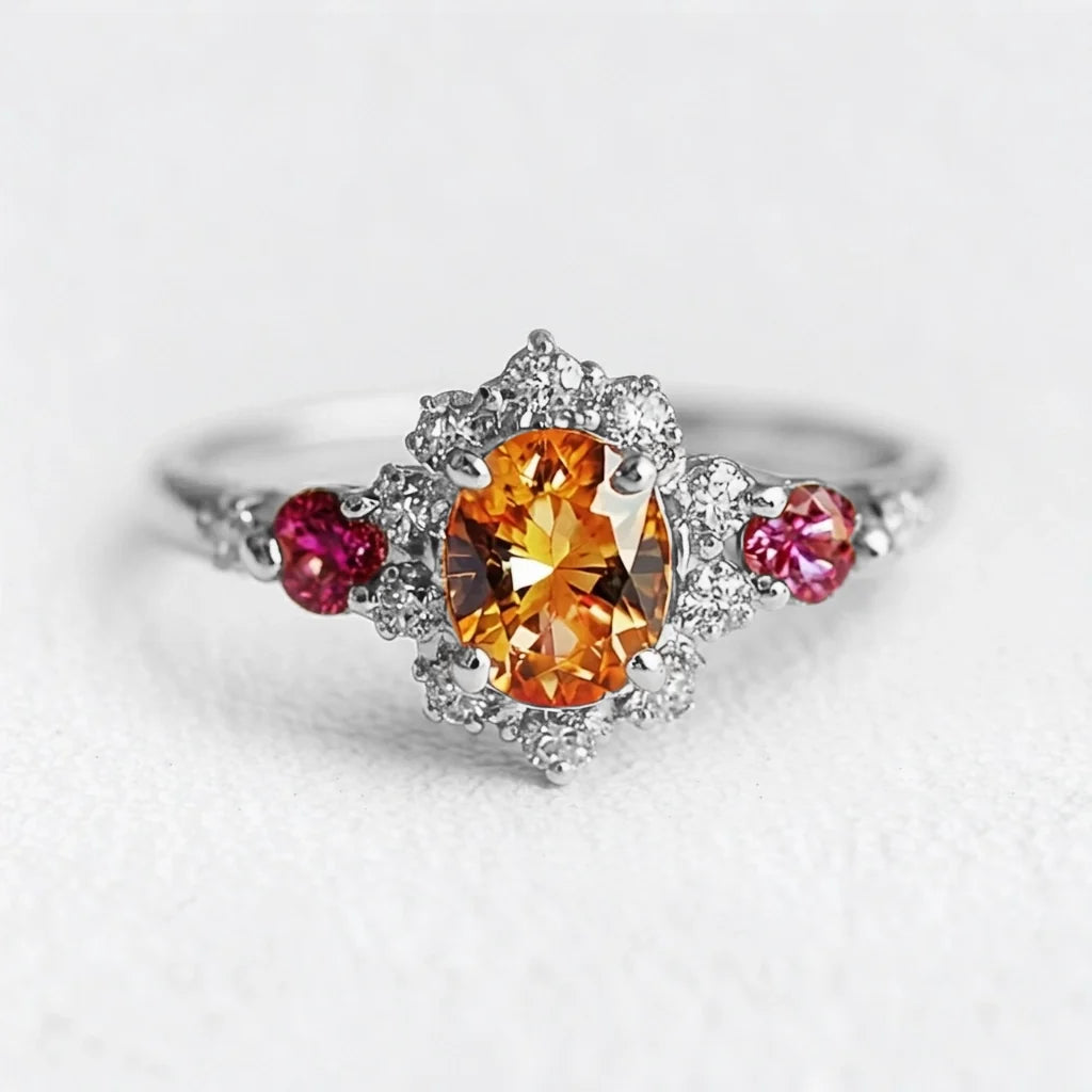 Flora's Wreath | Oval Mandarin Garnet & Multi‑Stone Halo Engagement Ring