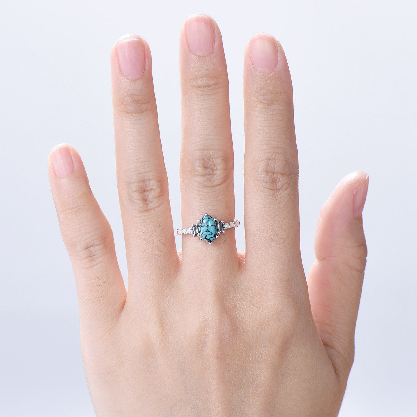 Unique turquoise engagement ring Long hexagon cut turquoise cluster baguette alexandrite opal wedding ring art deco proposal gifts for women