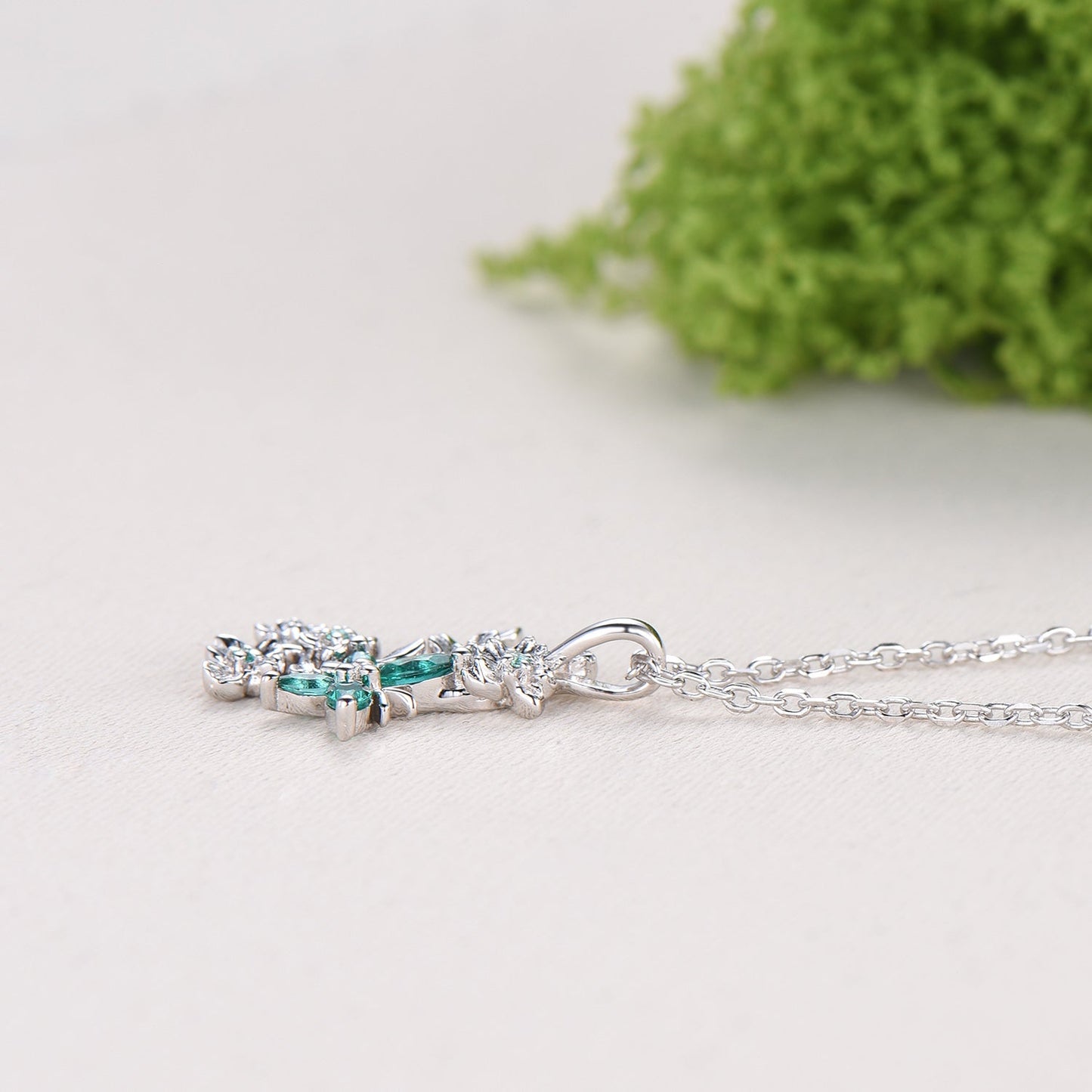 Emerald Green Crystal Butterfly Necklace, Floral Branch Pendant