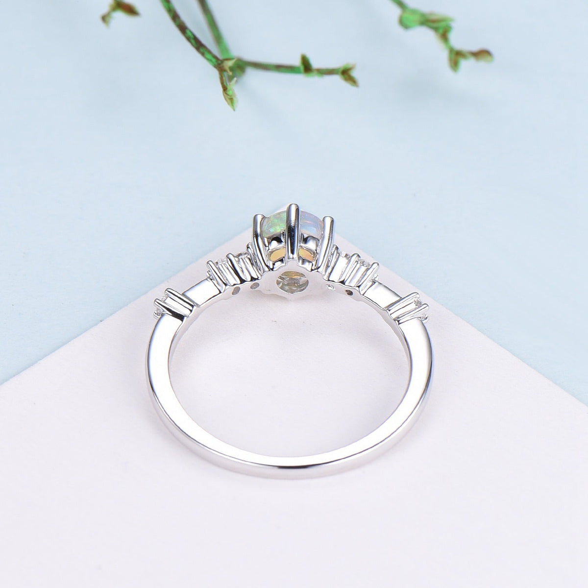 Dainty Natural Fire Opal Ring Natural Inspired White Opal Diamond Engagement Ring White Gold Minimalist Bridal Anniversary Ring for Women