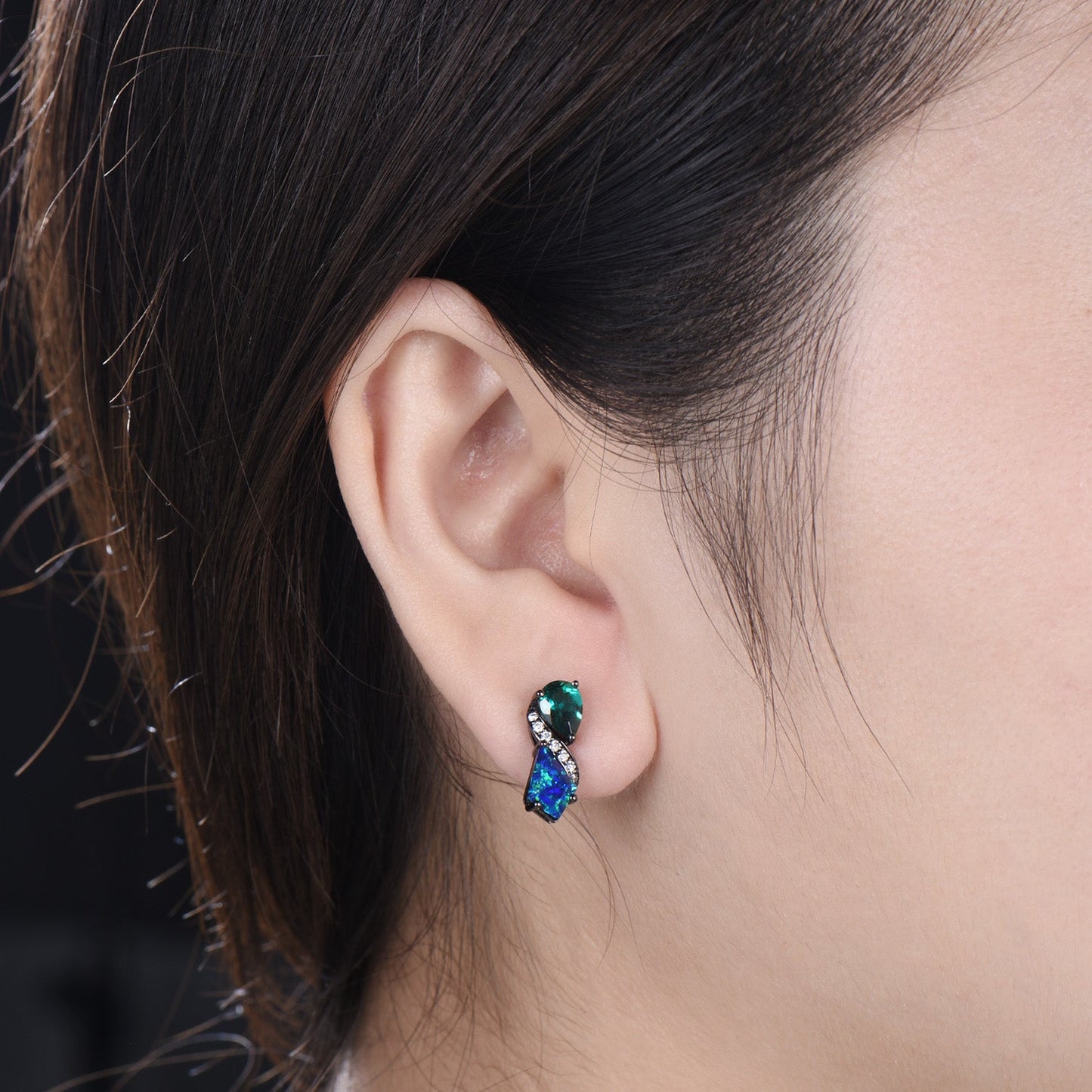Gothic Black Gold Opal Emerald Stud Earrings, Vintage Art Deco Style Drop Earrings, Kite Black Fire Opal & Pearl Emerald Nature Inspired
