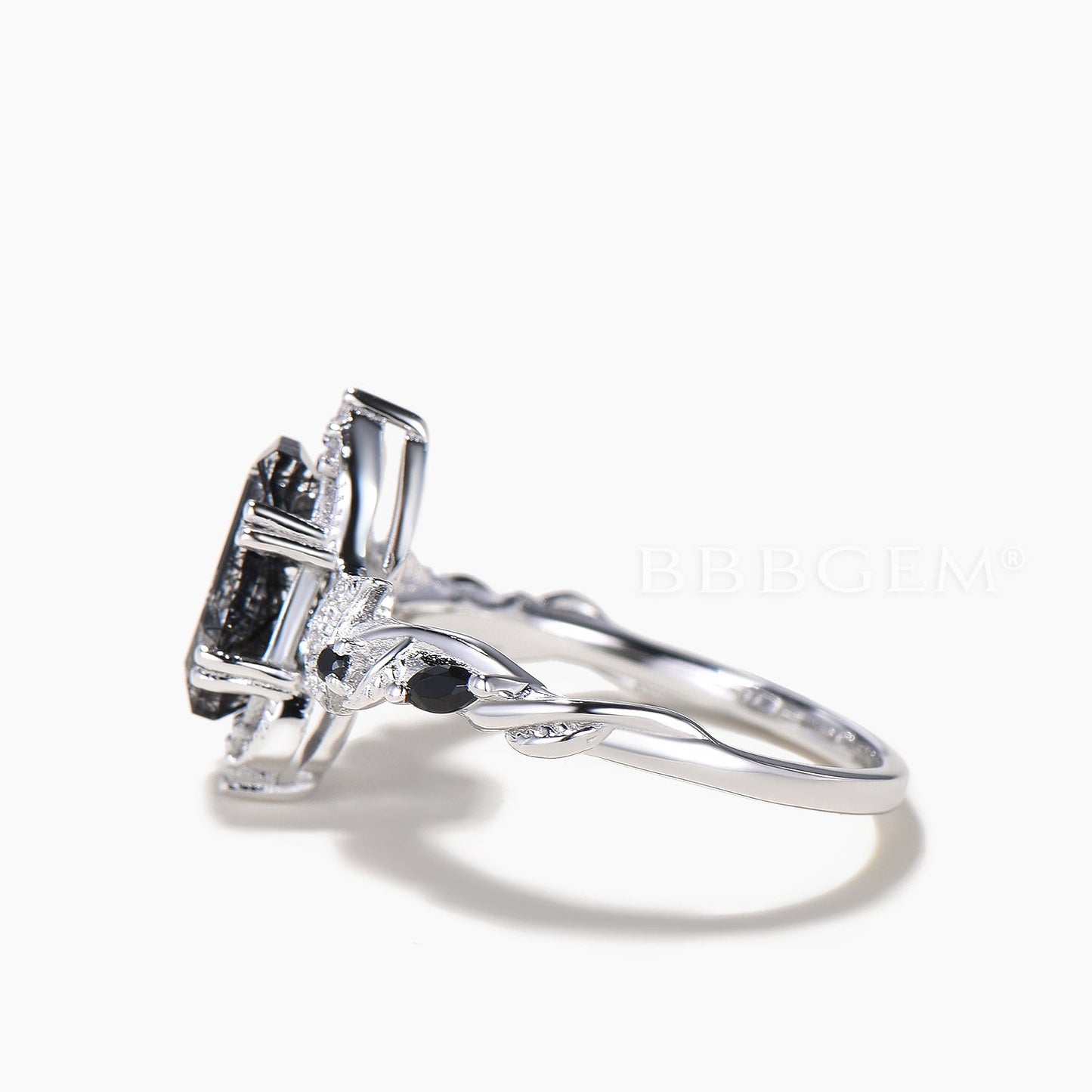 Coffin Cut Black Rutilated Quartz Wedding Ring Diamond Moon Spinel Art Deco Ring