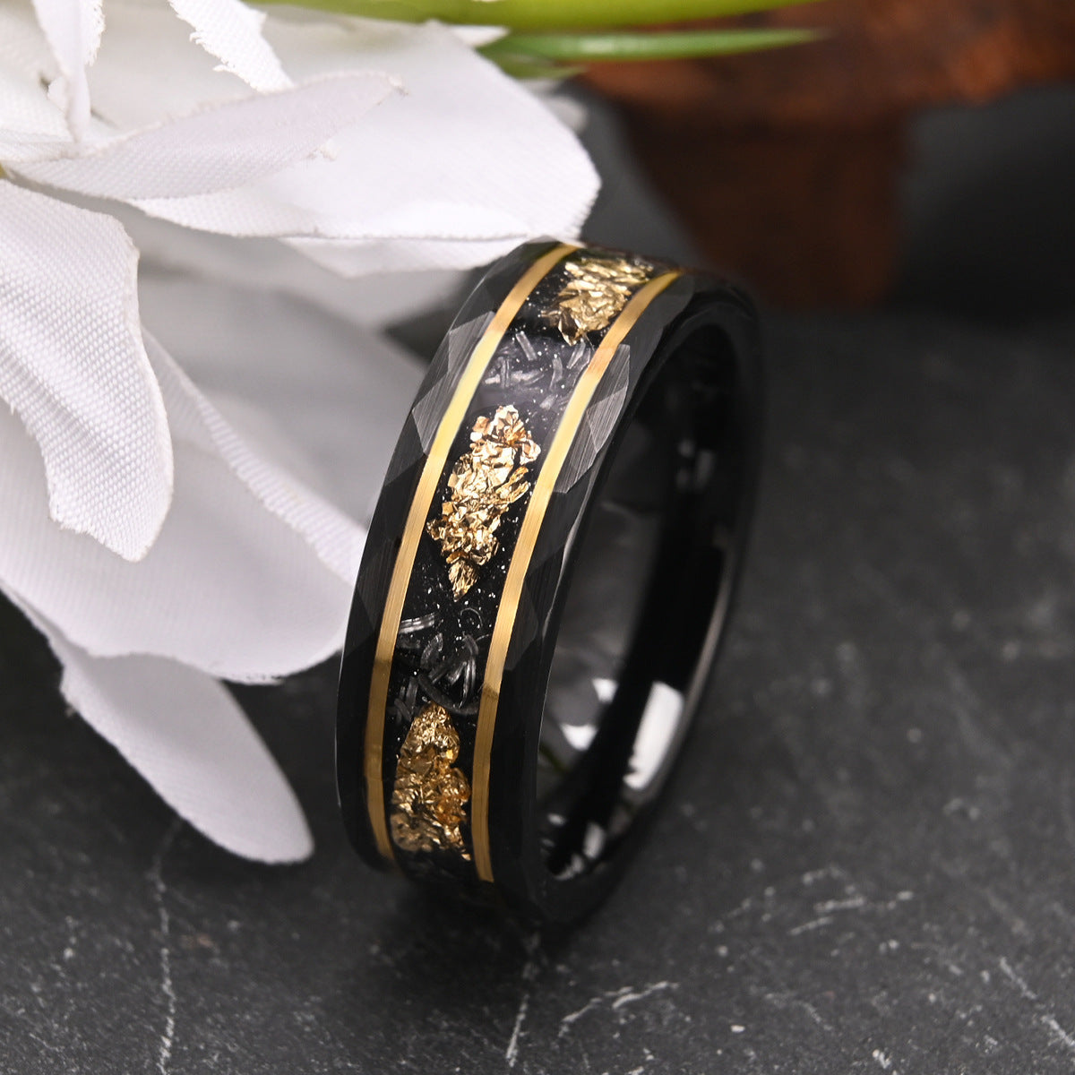 8mm tungsten men's wedding band Flat hammered black ring inlaid with meteorite