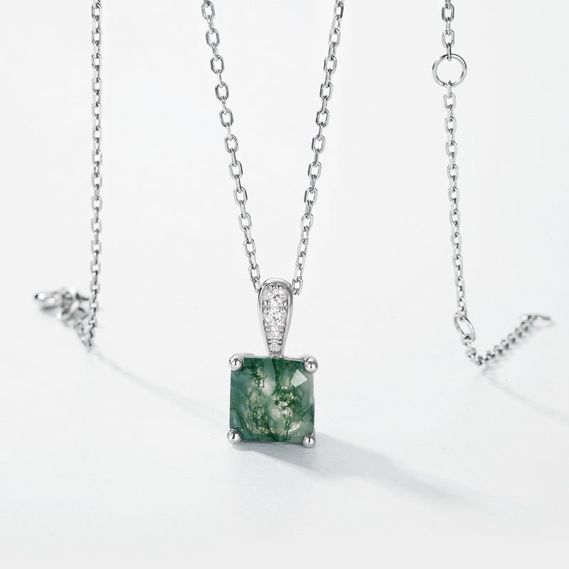 Princess Cut Natural Moss Agate Pendant Necklace