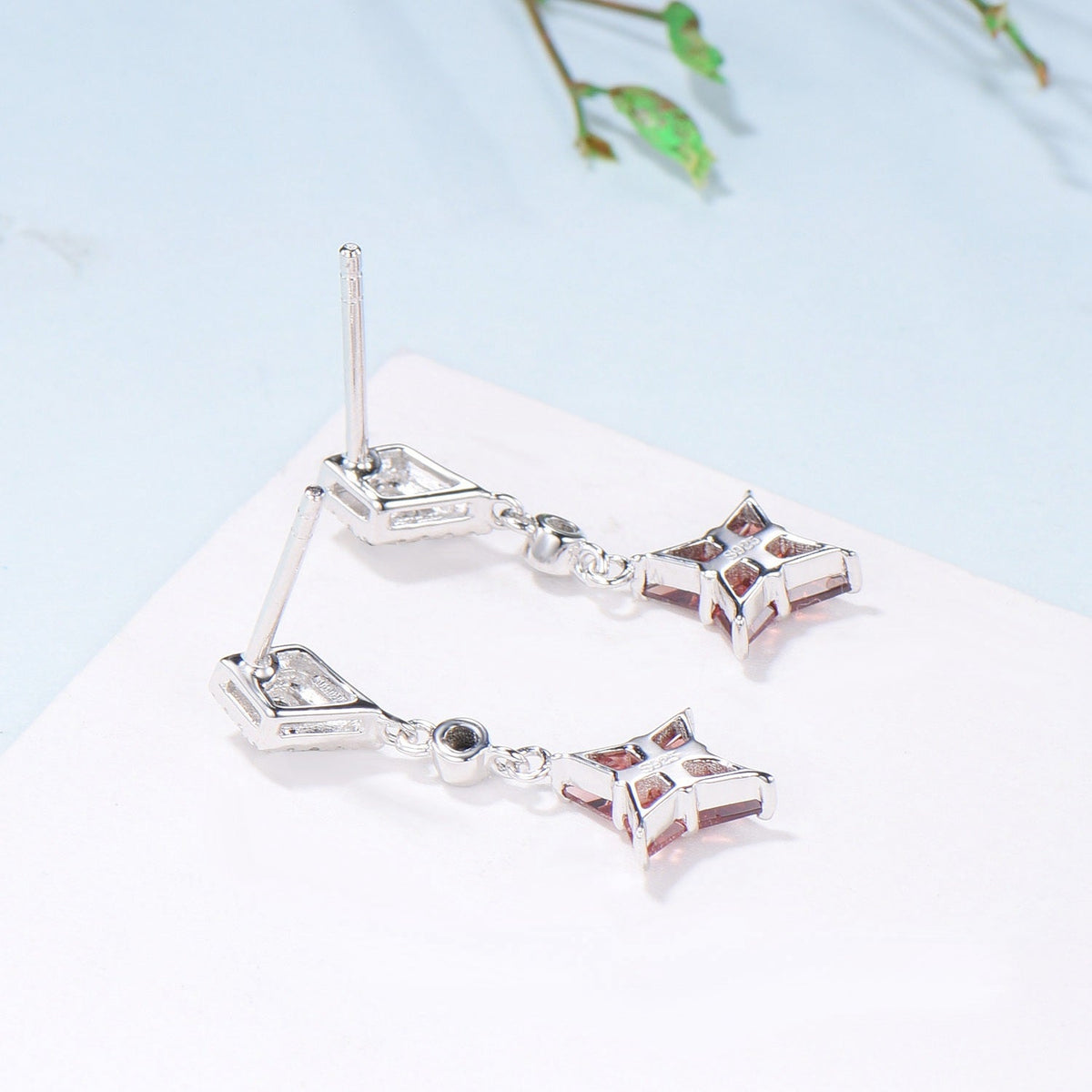 Kite Cut Natural Garnet Drop Earrings with Black Spinel & Moissanite Diamond