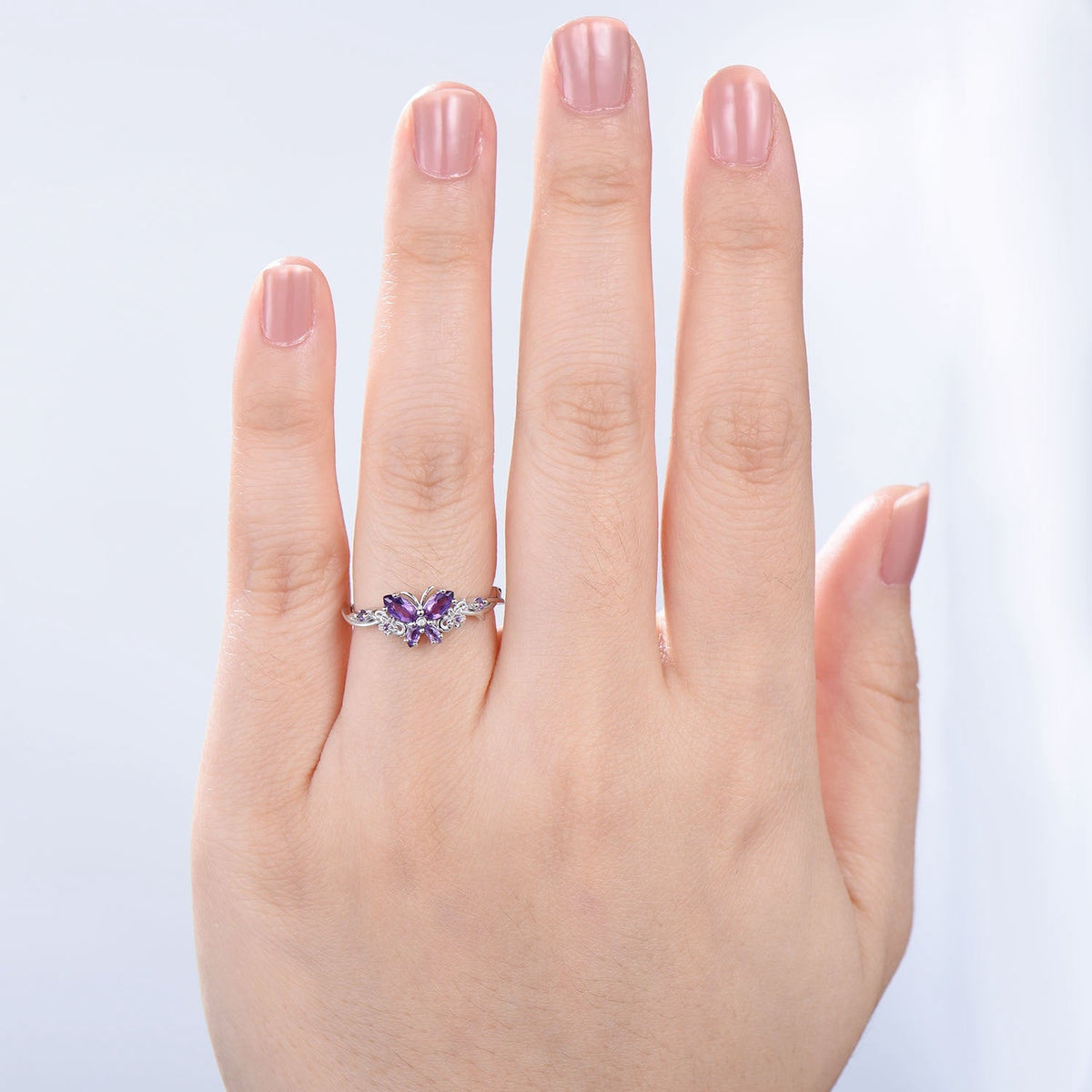 Vintage Butterfly Amethyst Engagement Ring Unique marquise cut purple amethyst silver white gold flower promise ring anniversary gift women