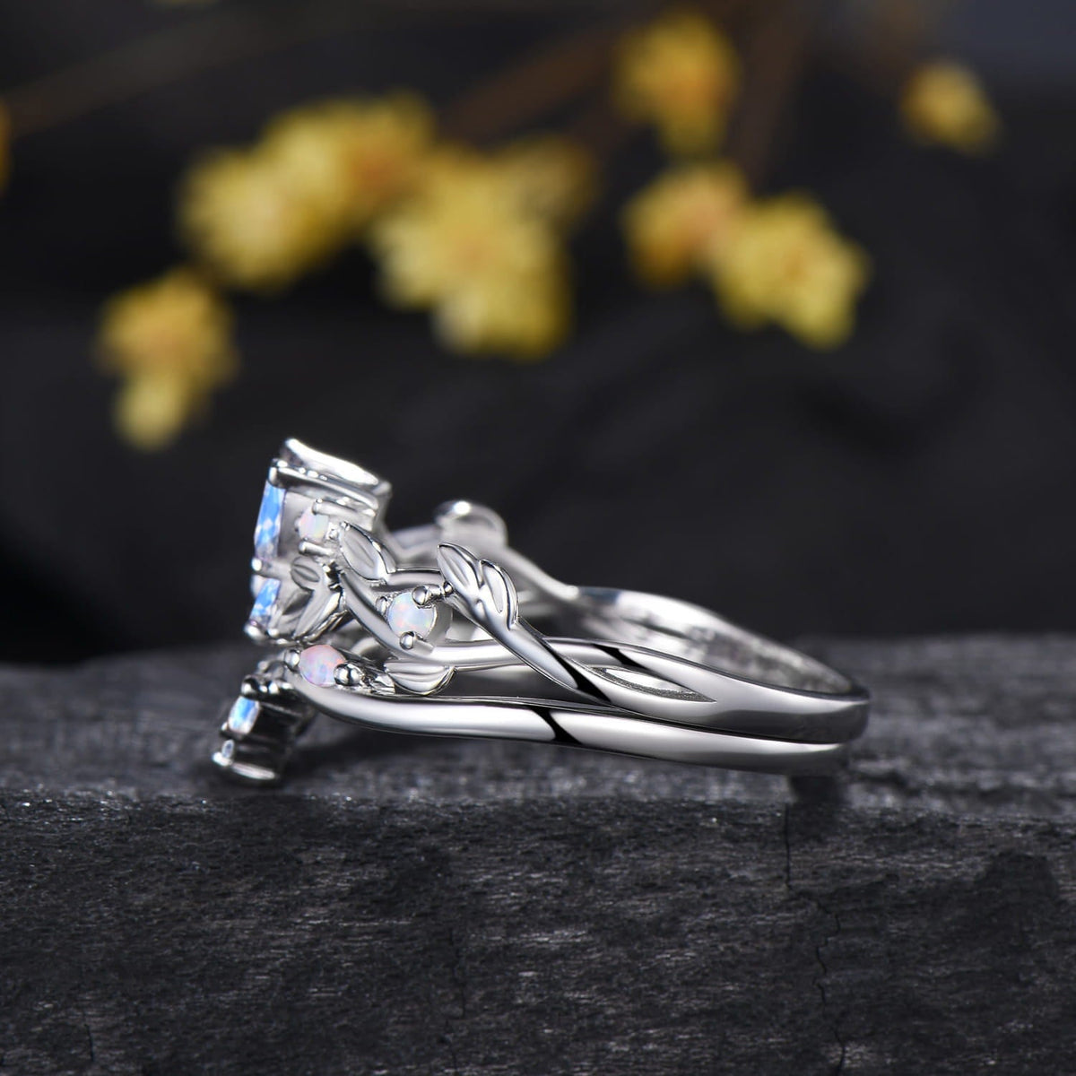 Natural Moonstone Butterfly Bridal Set White Opal Accent Leaf Engagement Ring