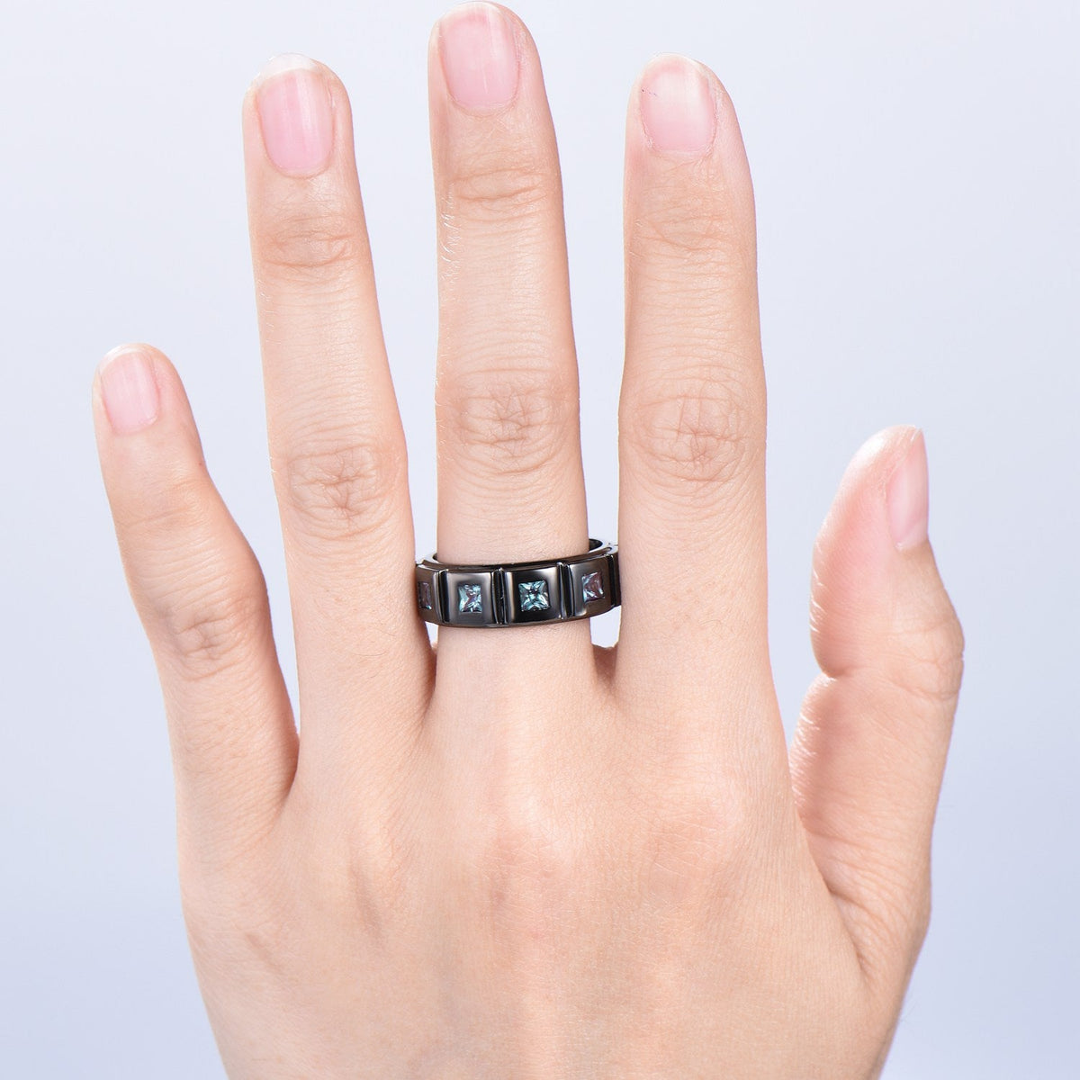 Black Gold Brushed Finish Mens Wedding Band Unisex Frame Princess Cut Alexandrite Men's Wedding Ring Anniversary Stacking Matching Band Gift