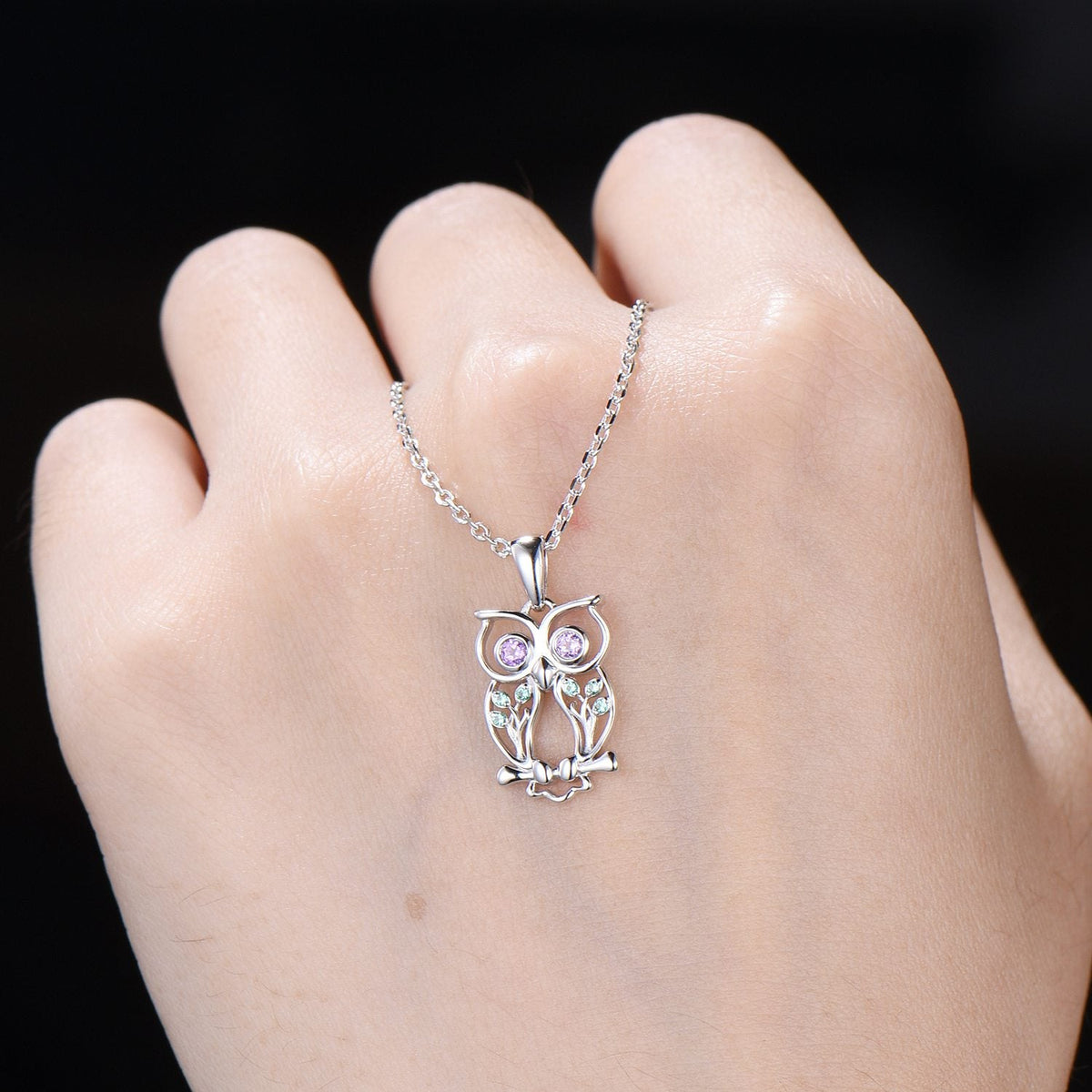 Elegant Owl Pendant Necklace Animal Inspired Amethyst Emerald Pendant Necklace Silver Yellow Gold Emerald Hollow Night Owl Anniversary Gift