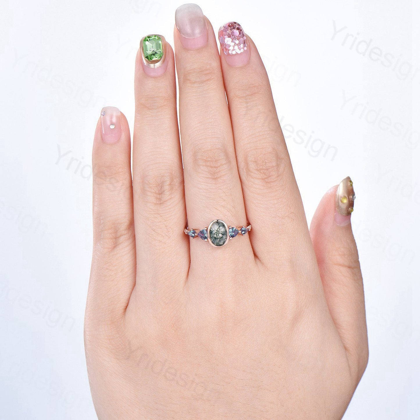 Vintage Bezel Set Oval Moss Agate Engagement Ring | Five Stone Alexandrite Accents