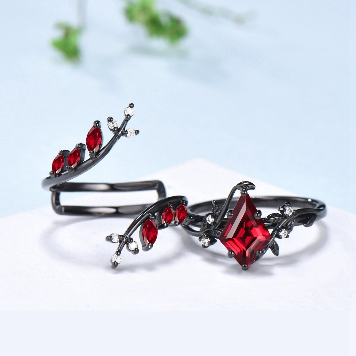 Nature inspired Kite cut ruby ring set black gold leaf gothic engagement ring  -knight