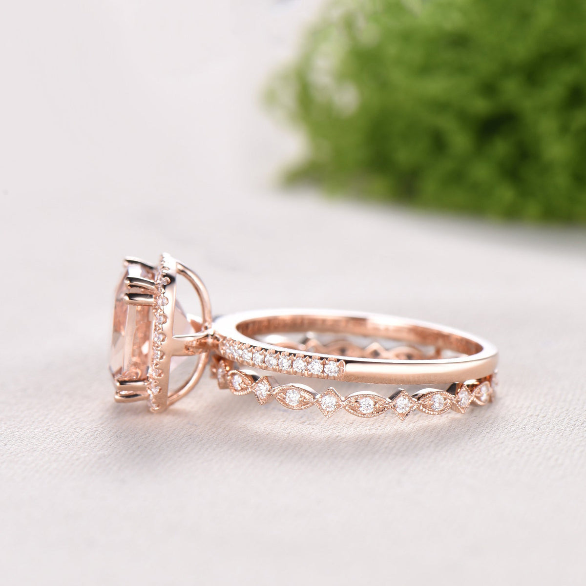 3ct cushion cut natural morganite engagement ring set Vintage 14k rose gold bridal ring set Full eternity Milgrain matching band