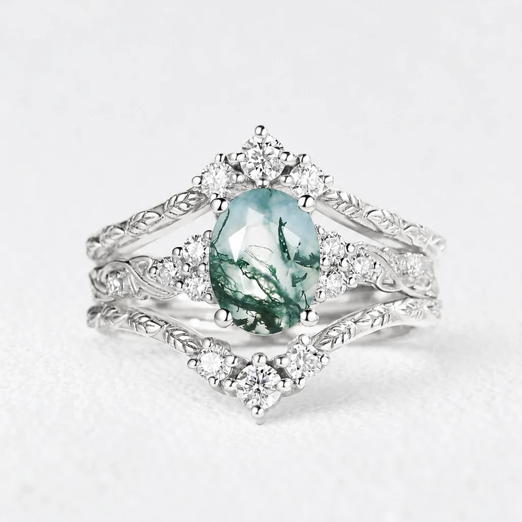 Hazel Blingflare Oval Moss Agate Filigree Ring Bridal Set 2pcs