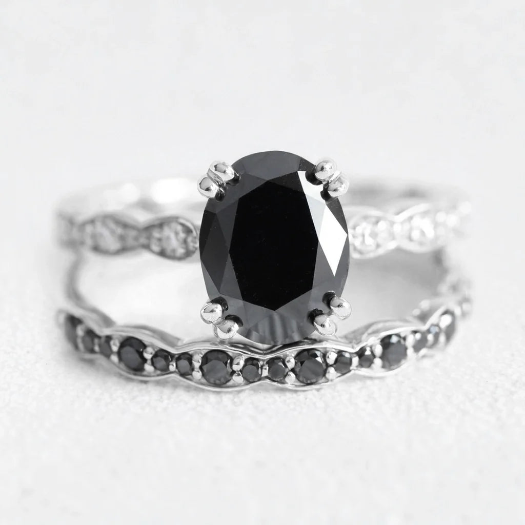 Nyx’s Shadow | Oval Black Diamond Bridal Set with Black Diamond Bands 2pcs