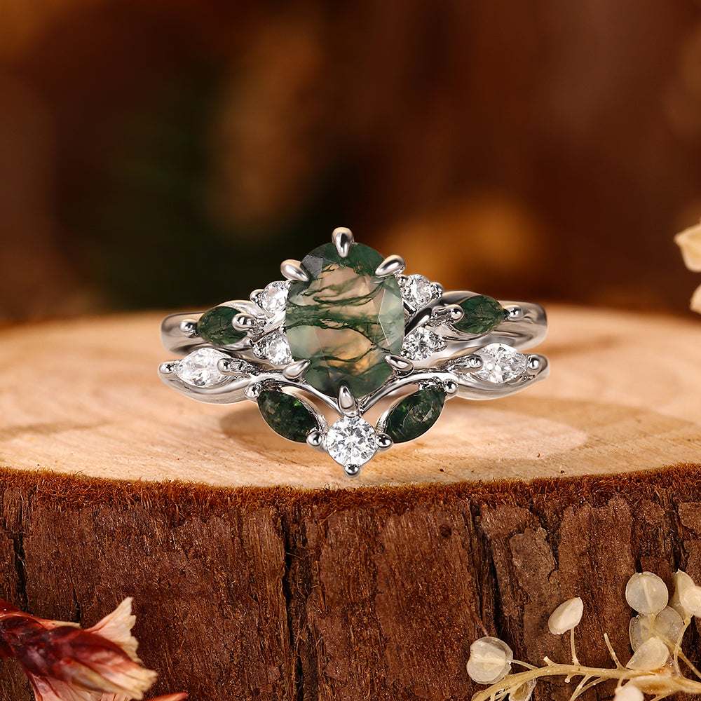 Enchanted Forest Moss Agate Ring Set - Handcrafted Leaf & Vine Bridal Set - Whimsical Nature-Inspired Gold Jewelry Gift for Her