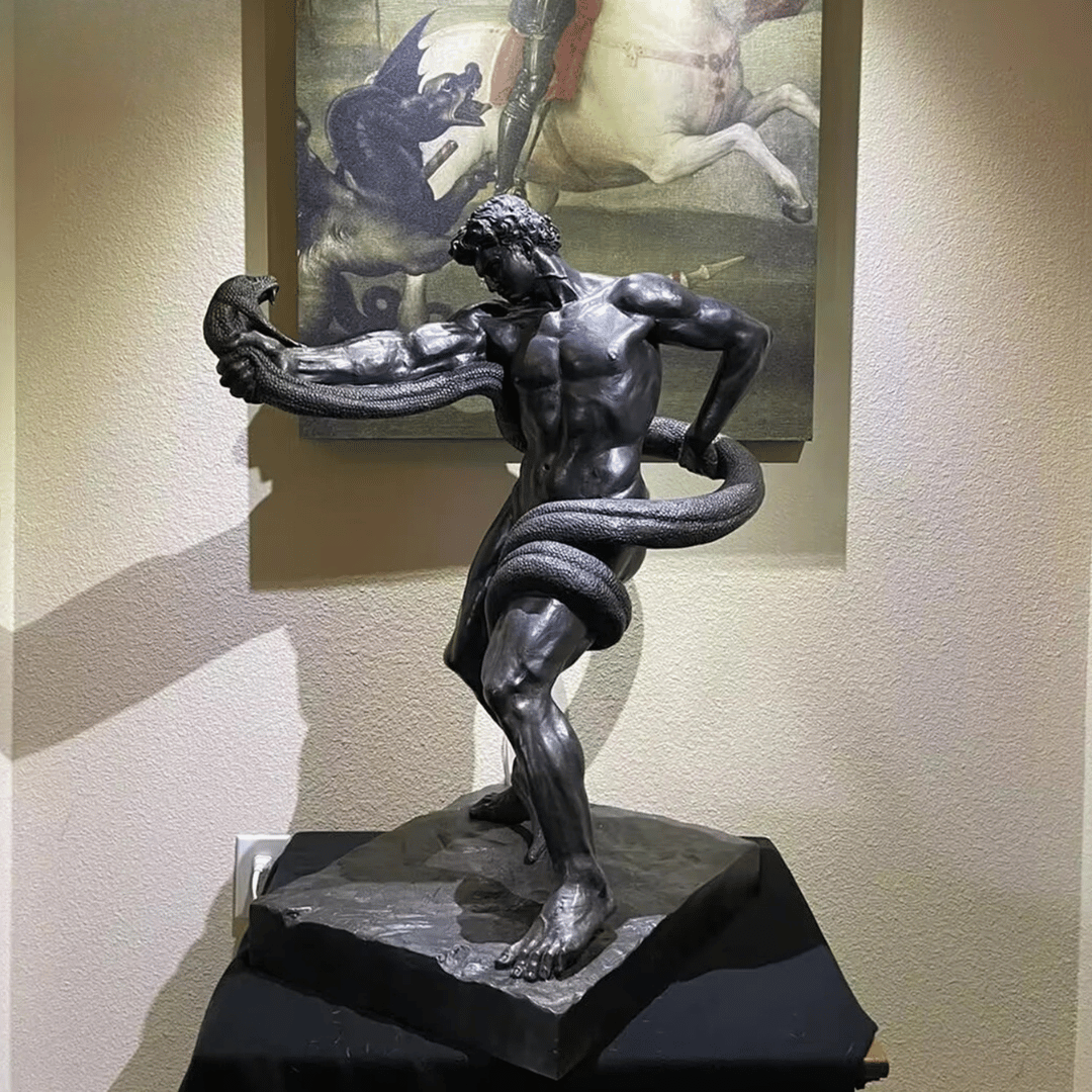 THE WRESTLER | Greek Warrior and Serpent Bronze Sculpture