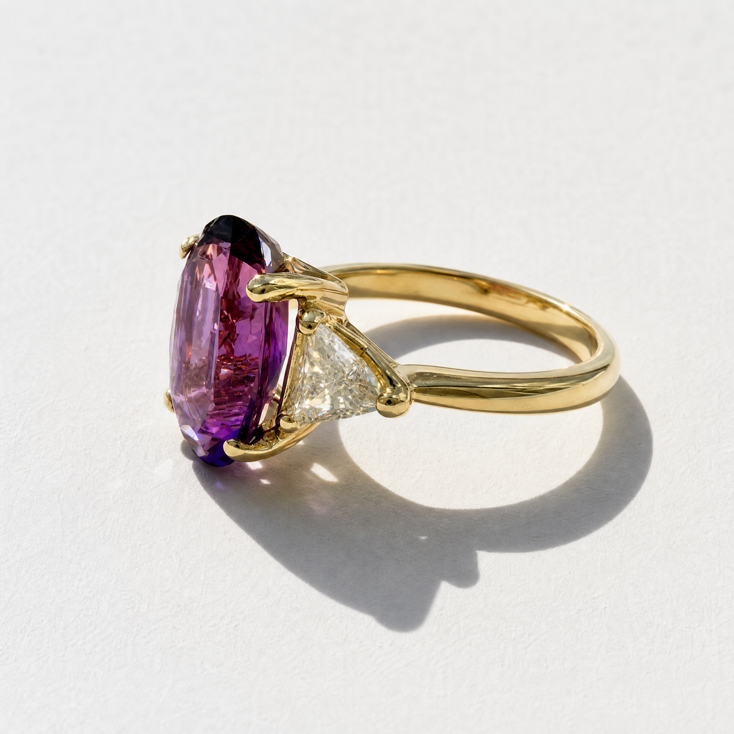 Oval Amethyst and Diamond Three Stone Ring | 14K Yellow Gold