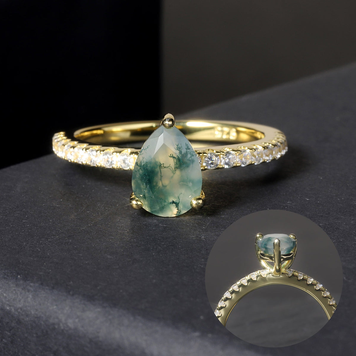 Unique Pear Cut Moss Agate Engagement Ring