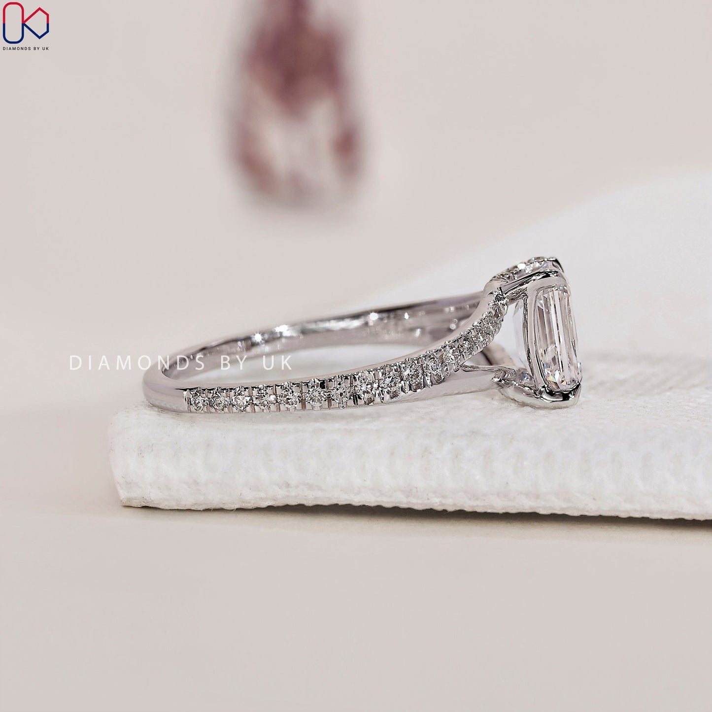 Split Shank Emerald Cut Ring In White Gold