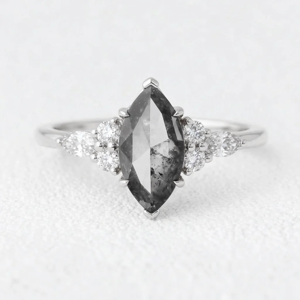 Isadora’s Stardust | Marquise Cut Salt & Pepper Diamond Cluster Engagement Ring