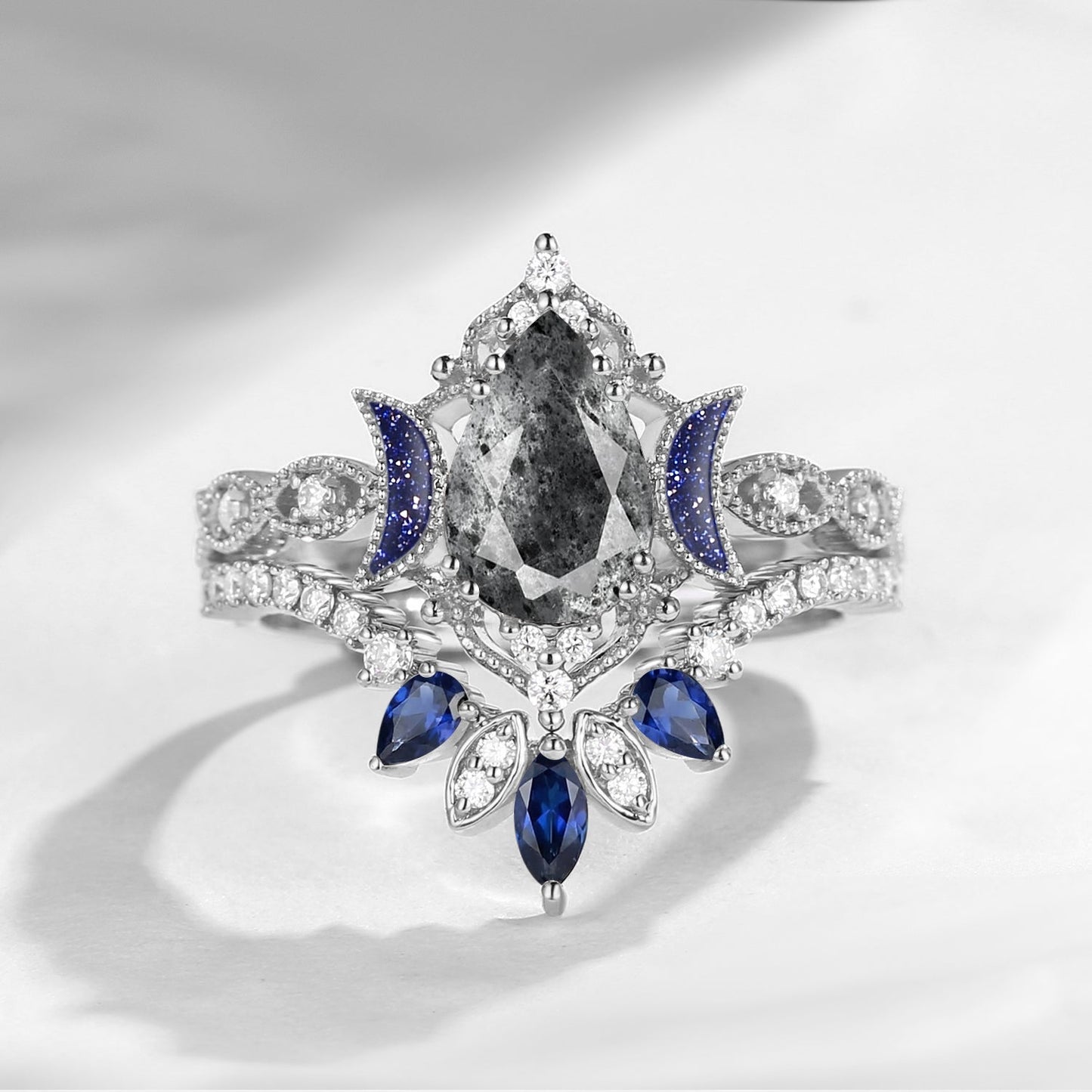 Crescent Moon | Blue Moon Inspired Pear Herkimer Diamond 'Ultra Galaxy' Engagement Ring Set 2pcs