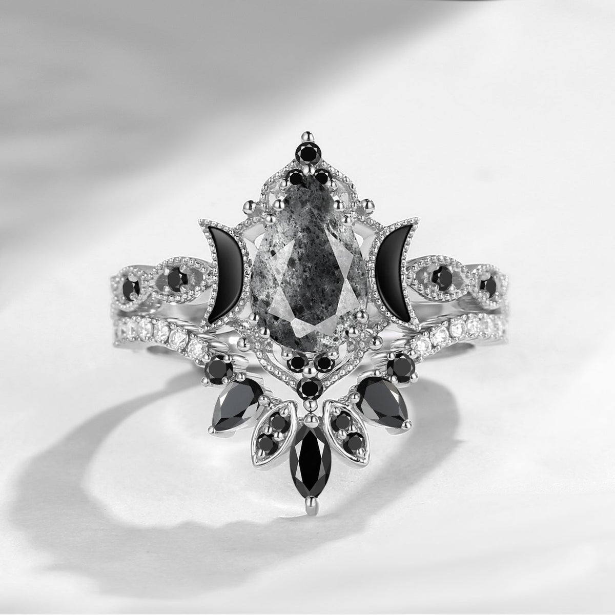 Crescent Moon | Pear Cut Herkimer Diamond 'Ultra Galaxy' Engagement Ring Set 2pcs