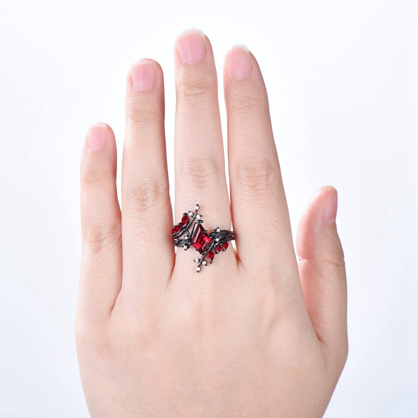 Nature inspired Kite cut ruby ring set black gold leaf gothic engagement ring  -knight