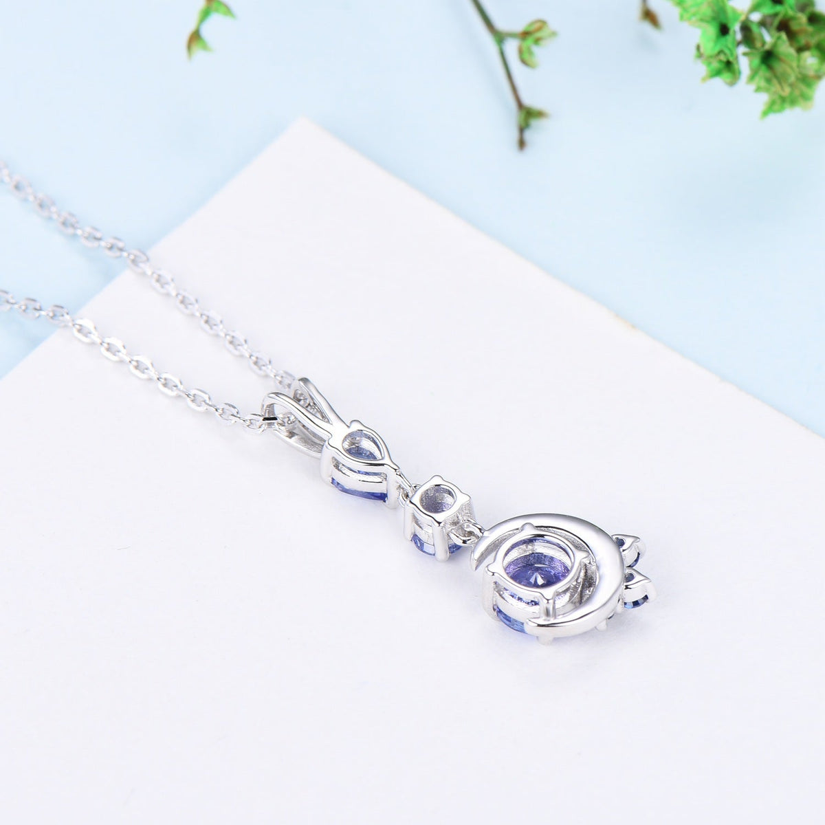 Unique Crescent Moon Tanzanite Necklace Elegant Cluster Sapphire Pendant Necklace 14k/18k White gold silver necklace promise gift for women