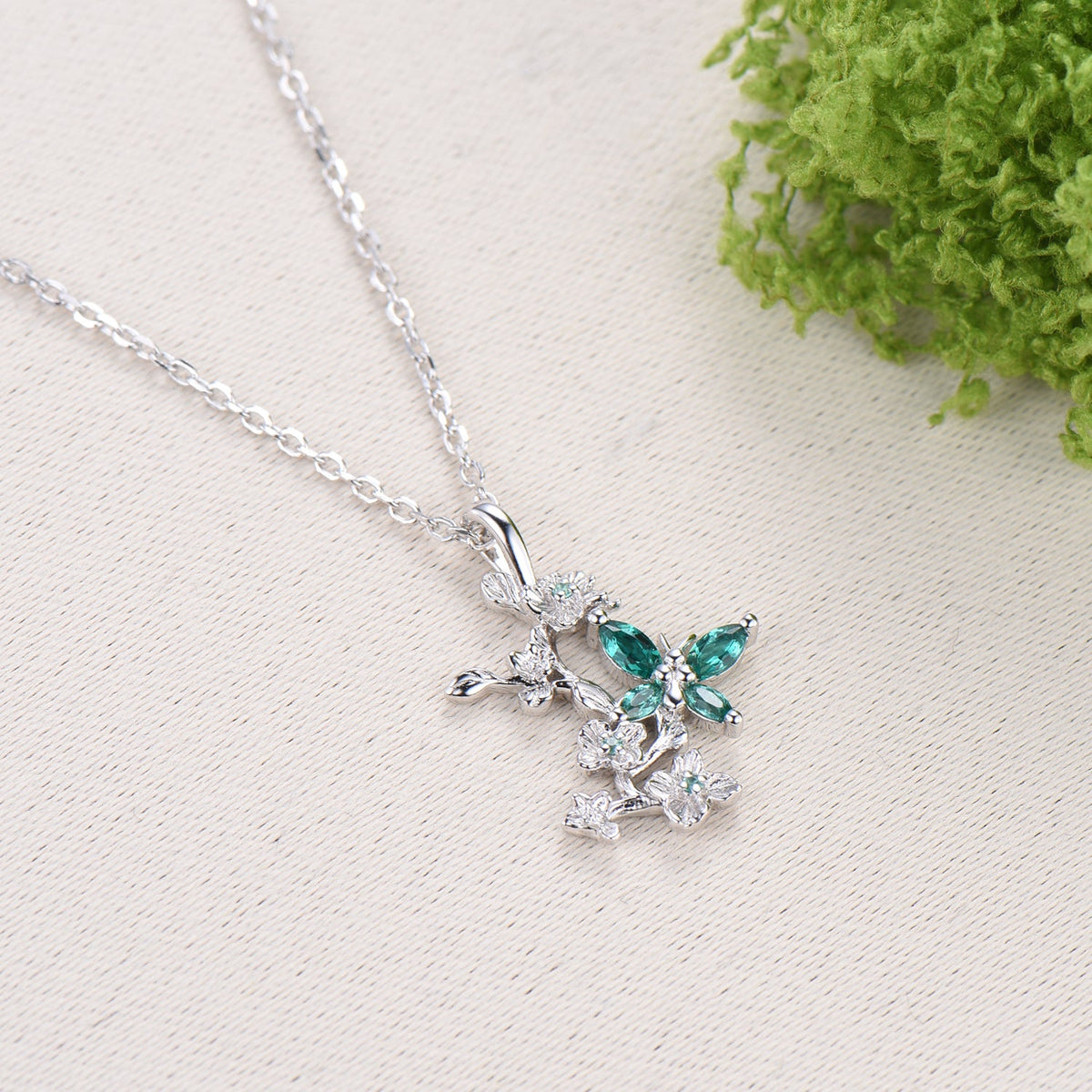 Emerald Green Crystal Butterfly Necklace, Floral Branch Pendant