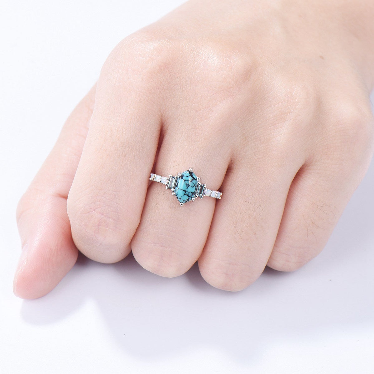 Unique turquoise engagement ring Long hexagon cut turquoise cluster baguette alexandrite opal wedding ring art deco proposal gifts for women